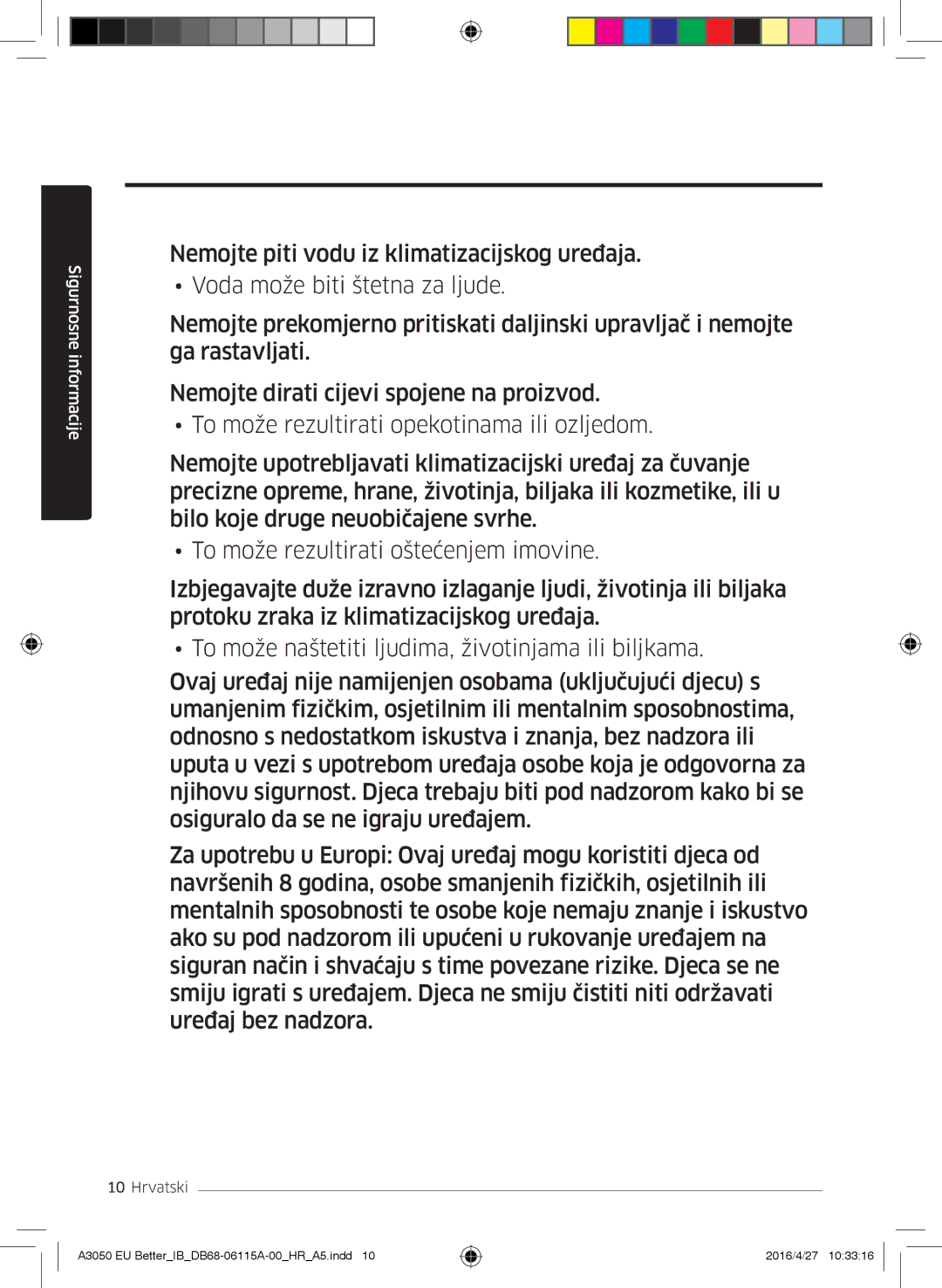 Samsung AR09HSSDBWKNEU, AR12HSSDBWKNEU, AR18HSSDBWKNEU manual Sigurnosne informacije 