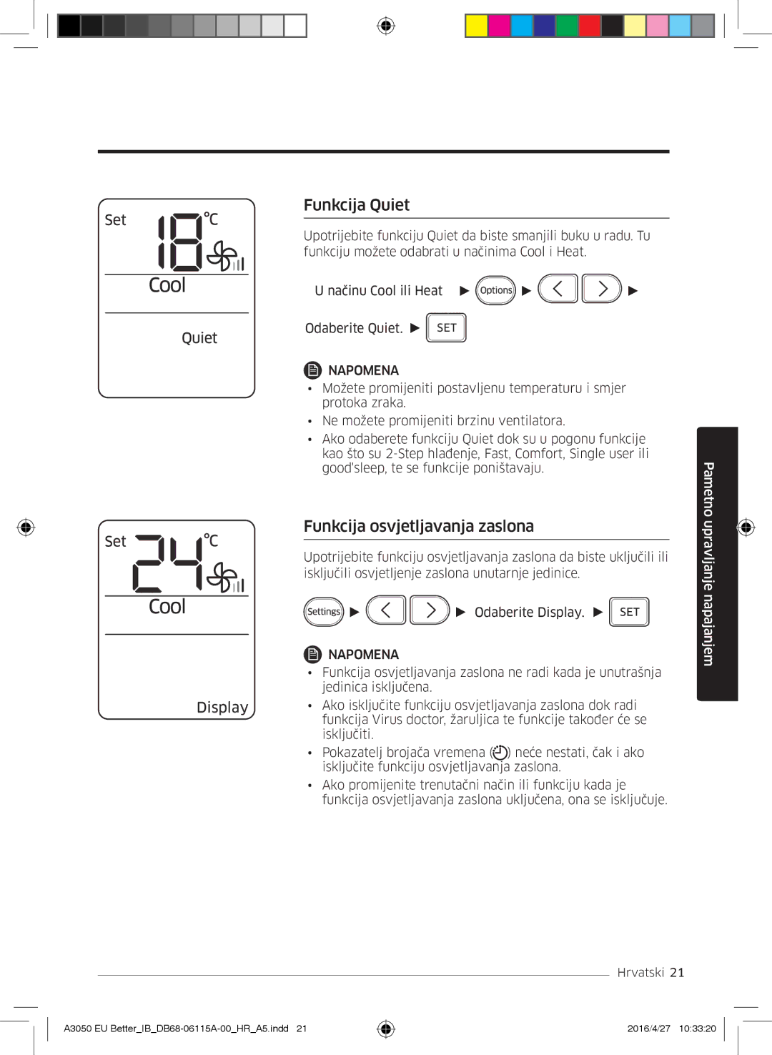 Samsung AR18HSSDBWKNEU, AR12HSSDBWKNEU, AR09HSSDBWKNEU manual Funkcija Quiet, Funkcija osvjetljavanja zaslona 