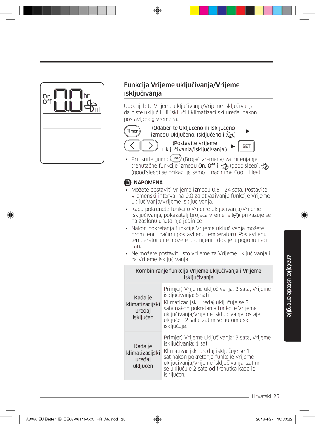 Samsung AR09HSSDBWKNEU, AR12HSSDBWKNEU, AR18HSSDBWKNEU manual Funkcija Vrijeme uključivanja/Vrijeme isključivanja 