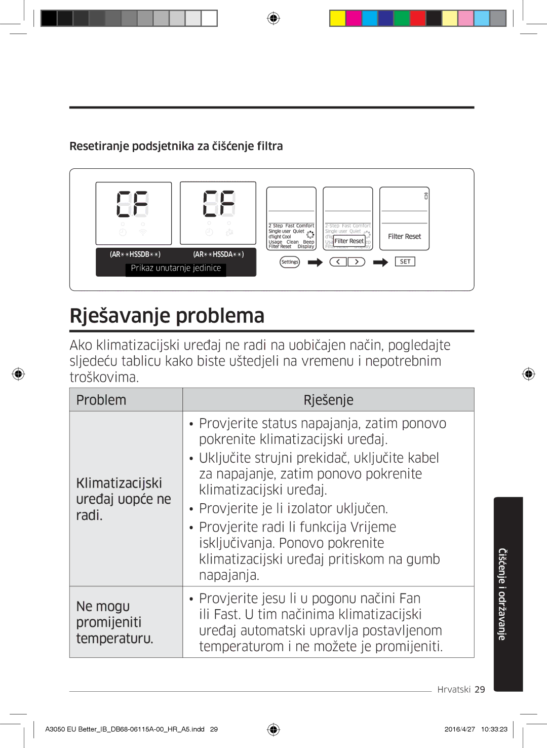 Samsung AR12HSSDBWKNEU, AR18HSSDBWKNEU, AR09HSSDBWKNEU manual Rješavanje problema, Resetiranje podsjetnika za čišćenje filtra 