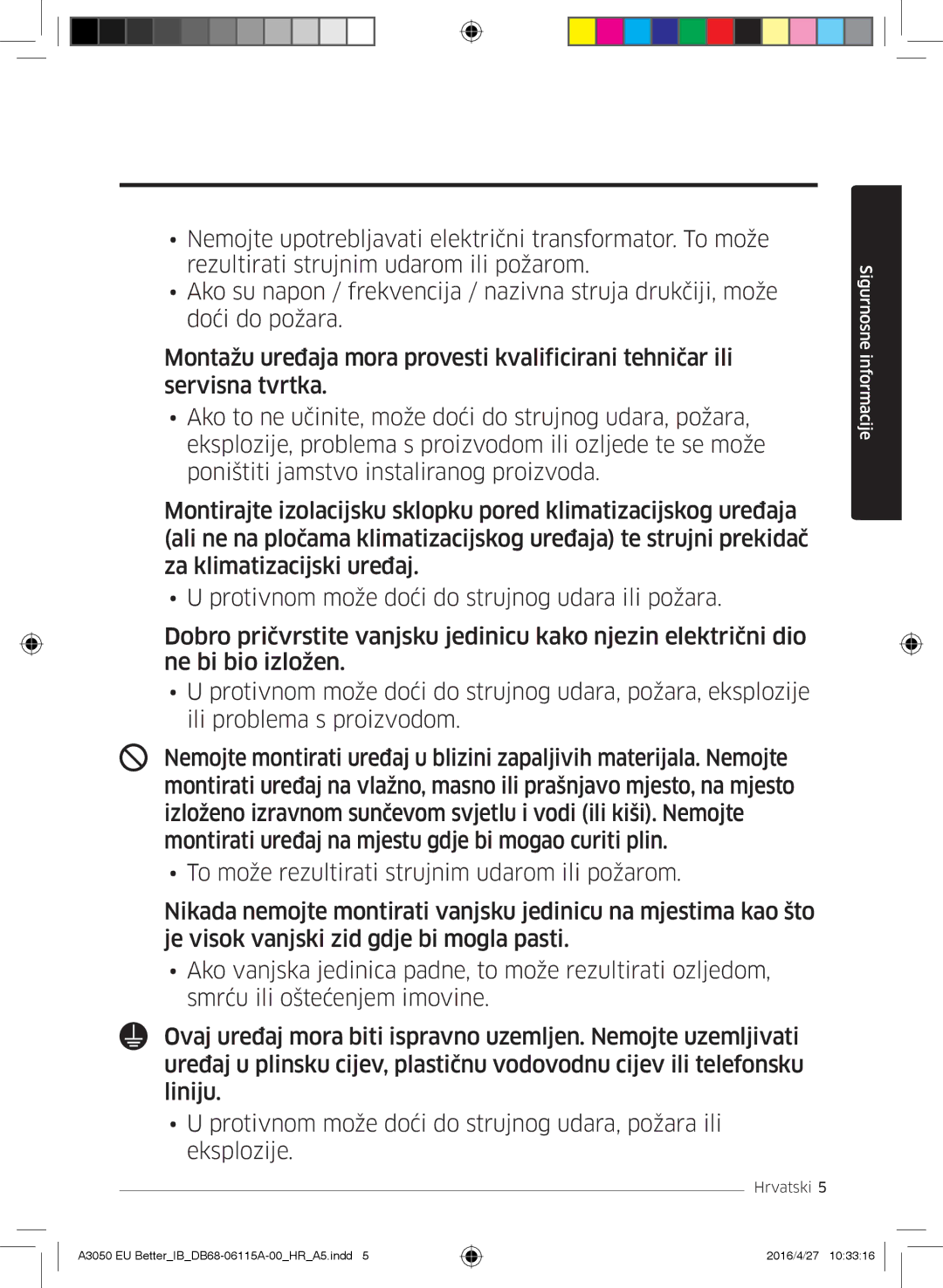 Samsung AR12HSSDBWKNEU, AR18HSSDBWKNEU, AR09HSSDBWKNEU manual Sigurnosne informacije 