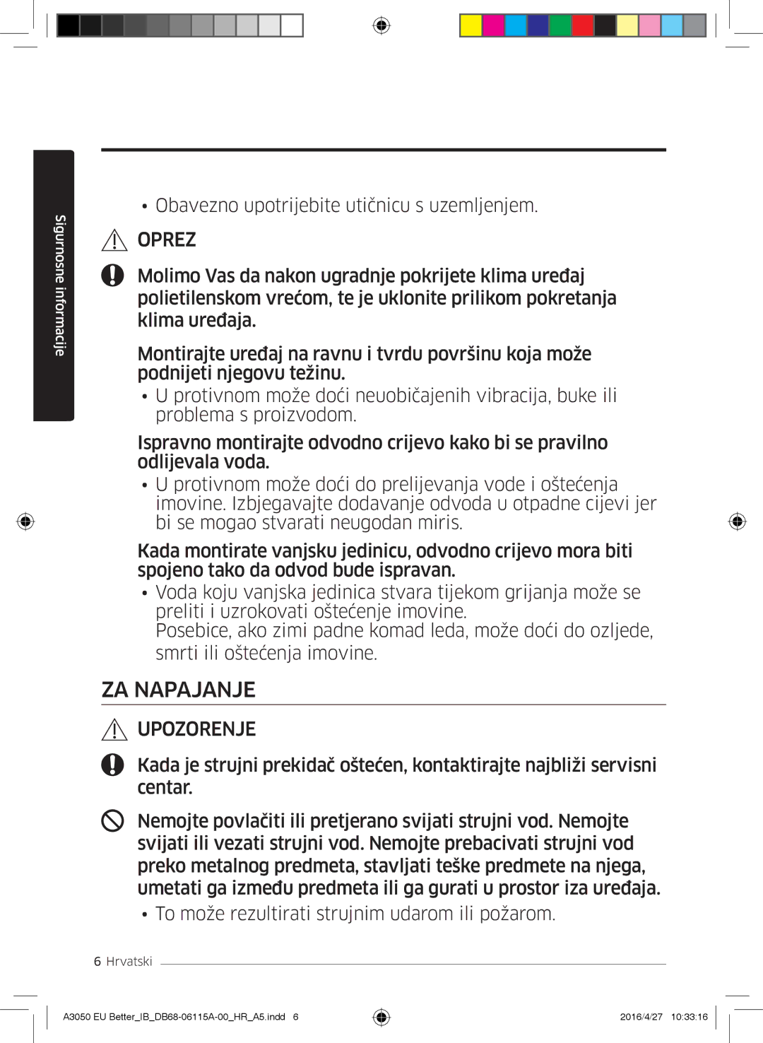 Samsung AR18HSSDBWKNEU, AR12HSSDBWKNEU, AR09HSSDBWKNEU manual ZA Napajanje 