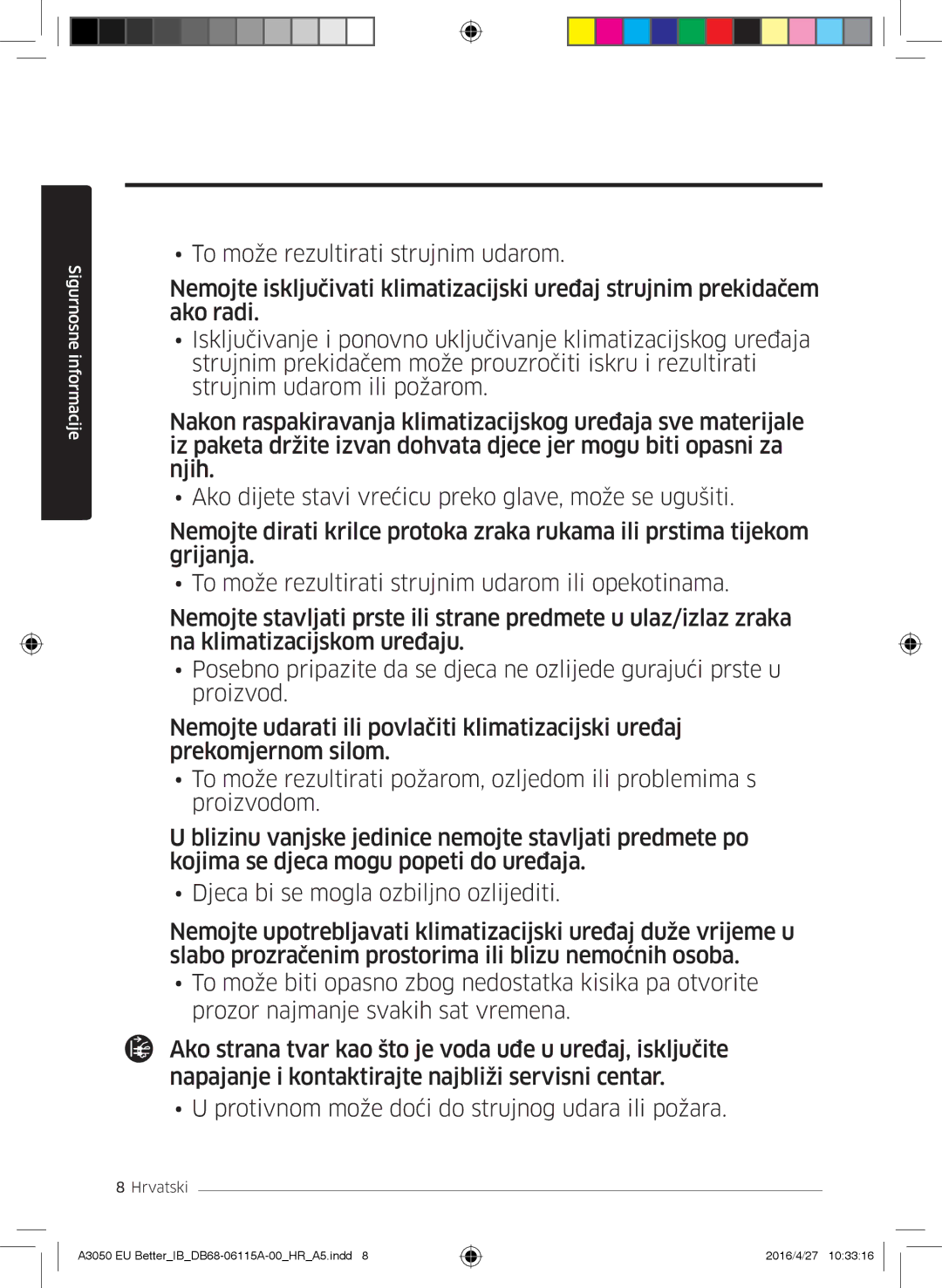 Samsung AR12HSSDBWKNEU, AR18HSSDBWKNEU, AR09HSSDBWKNEU manual Sigurnosne informacije 