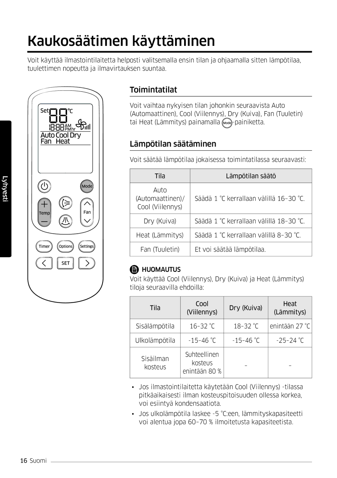 Samsung AR09HSSDPWKNEE, AR12HSSDPWKNEE manual Kaukosäätimen käyttäminen, Toimintatilat, Lämpötilan säätäminen 