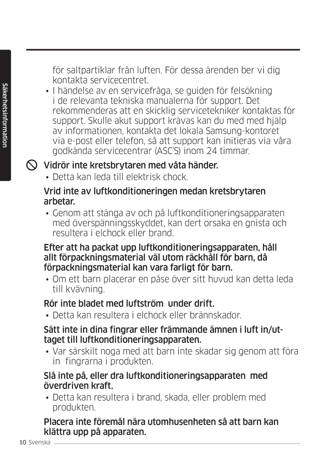 Samsung AR09HSSDPWKNEE, AR12HSSDPWKNEE manual Säkerhetsinformation 