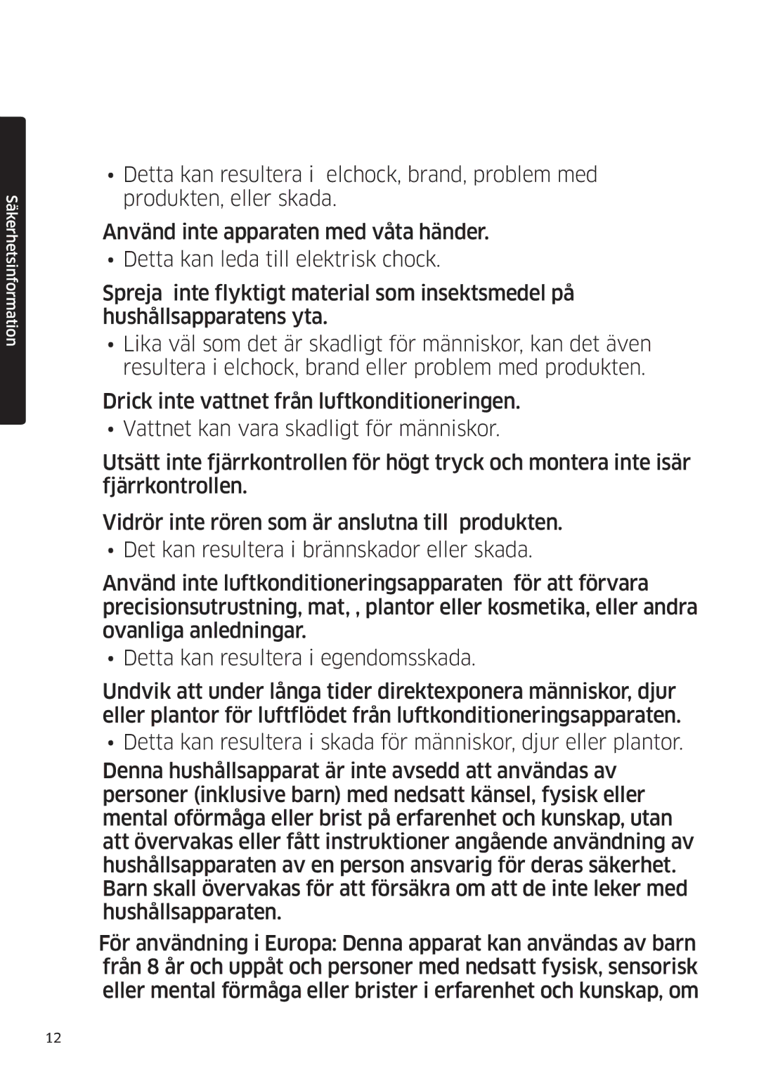 Samsung AR09HSSDPWKNEE, AR12HSSDPWKNEE manual Säkerhetsinformation 