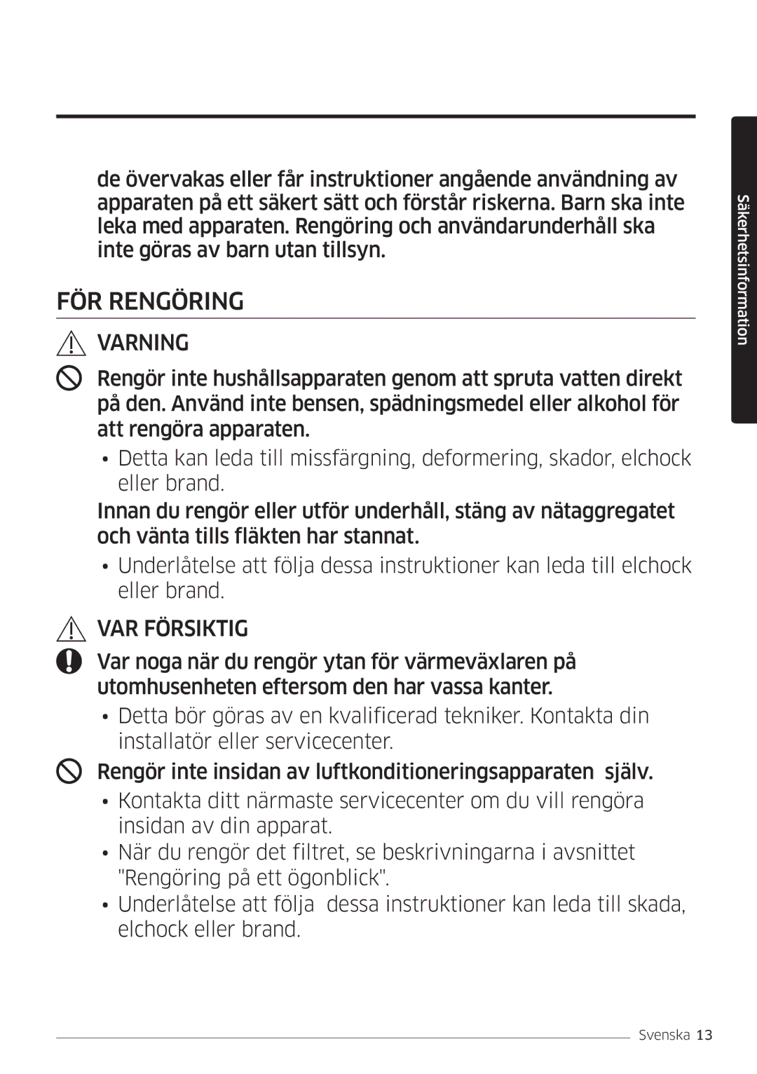 Samsung AR12HSSDPWKNEE, AR09HSSDPWKNEE manual FÖR Rengöring 