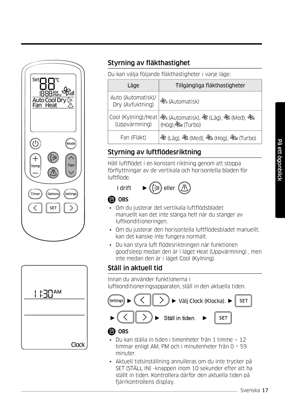 Samsung AR12HSSDPWKNEE, AR09HSSDPWKNEE Styrning av fläkthastighet, Styrning av luftflödesriktning, Ställ in aktuell tid 