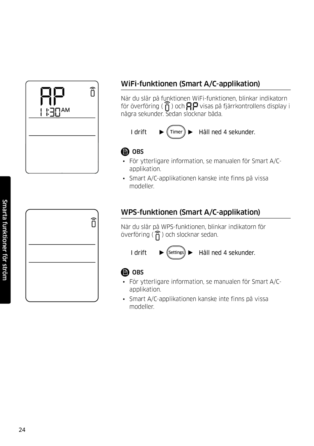 Samsung AR09HSSDPWKNEE, AR12HSSDPWKNEE manual WiFi-funktionen Smart A/C-applikation, WPS-funktionen Smart A/C-applikation 