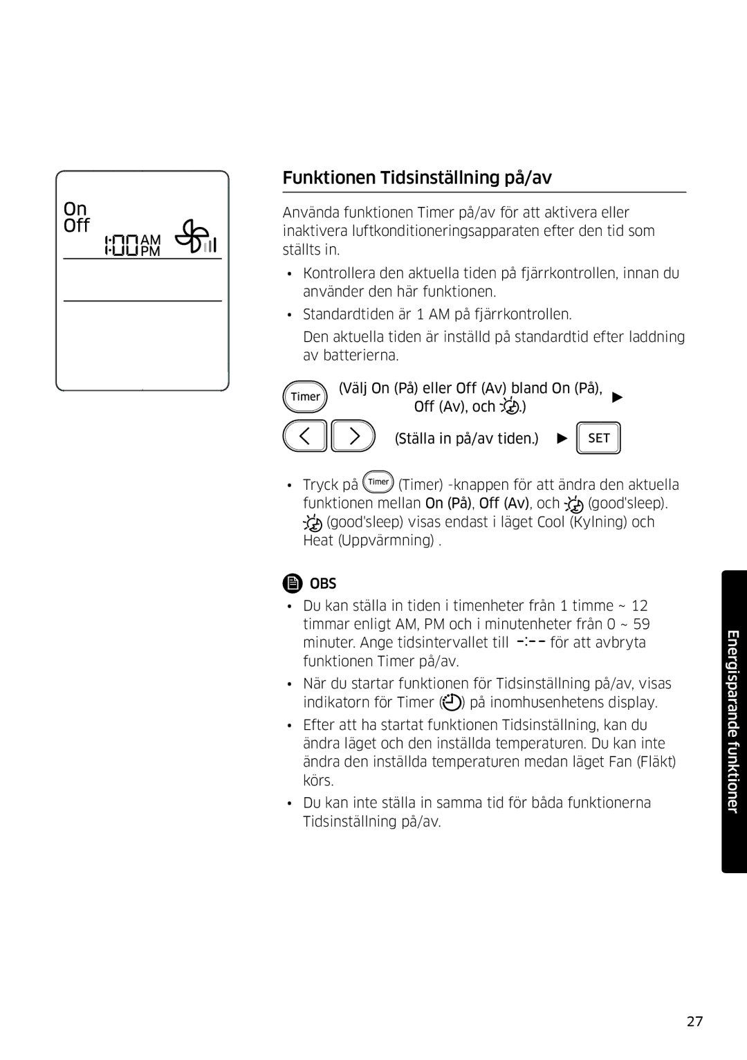 Samsung AR12HSSDPWKNEE, AR09HSSDPWKNEE manual Funktionen Tidsinställning på/av 