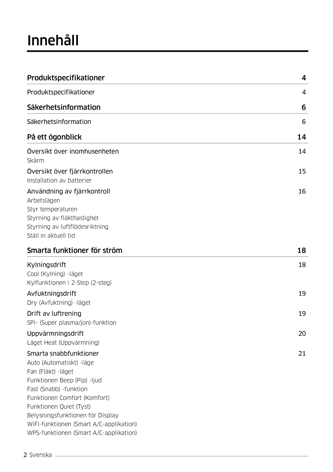 Samsung AR09HSSDPWKNEE, AR12HSSDPWKNEE manual Innehåll, På ett ögonblick 