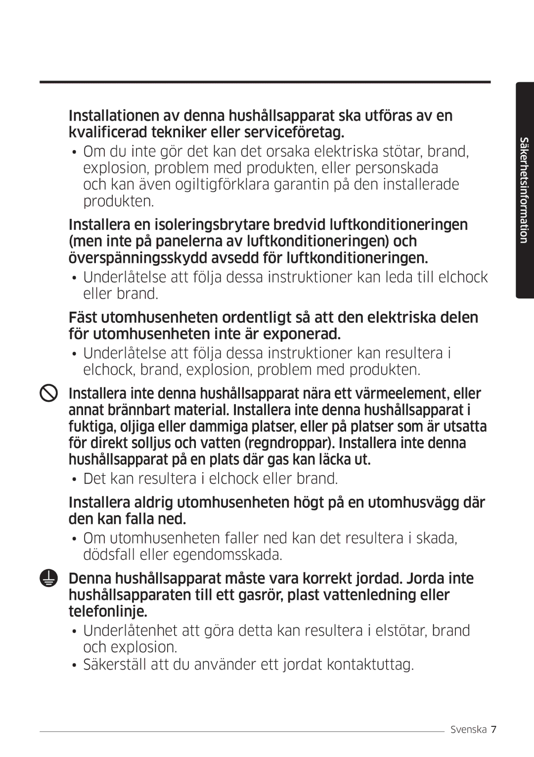 Samsung AR12HSSDPWKNEE, AR09HSSDPWKNEE manual Säkerhetsinformation 