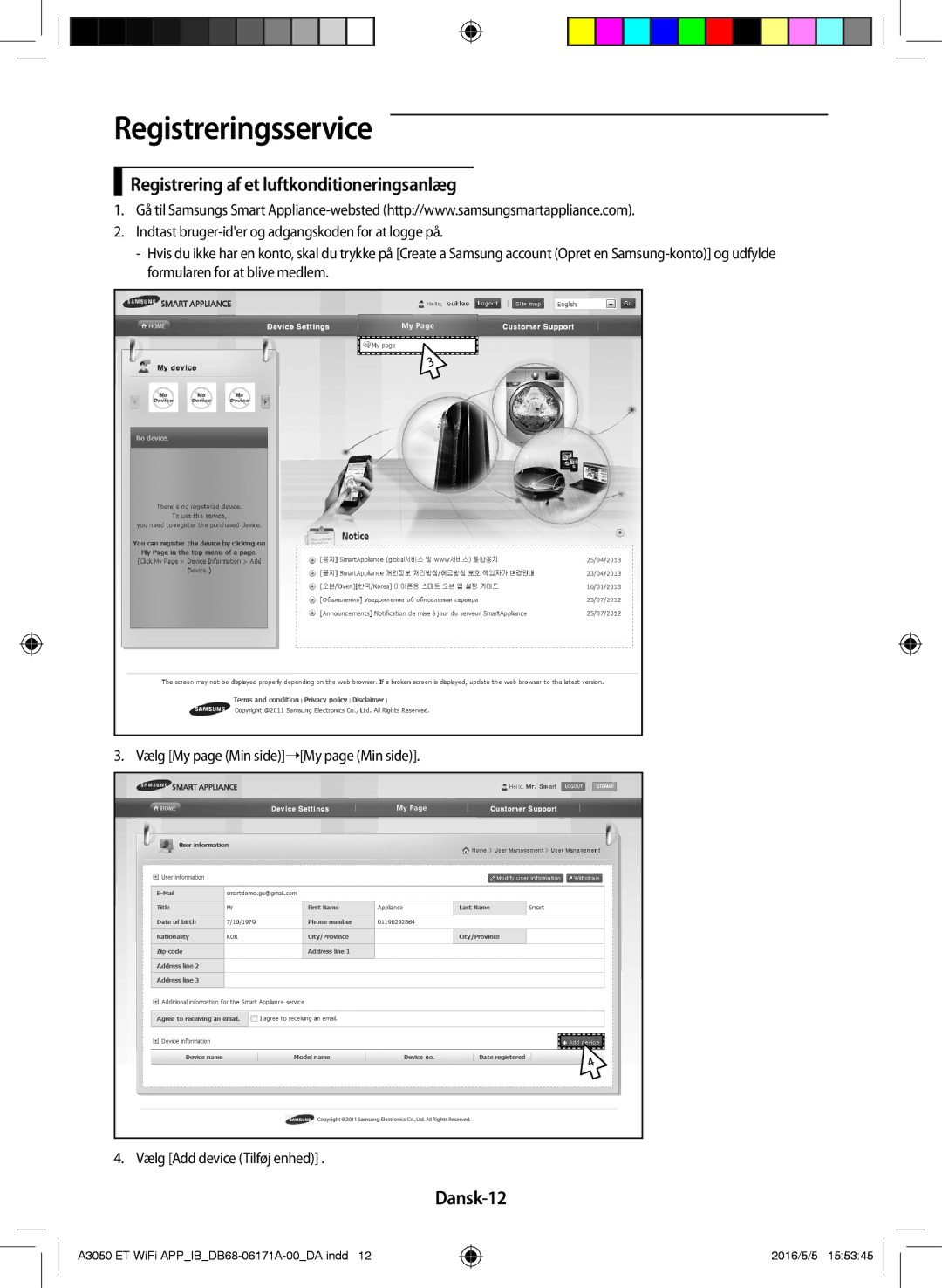 Samsung AR12HSSDPWKNEE, AR09HSSDPWKNEE manual Registreringsservice, Registrering af et luftkonditioneringsanlæg, Dansk-12 