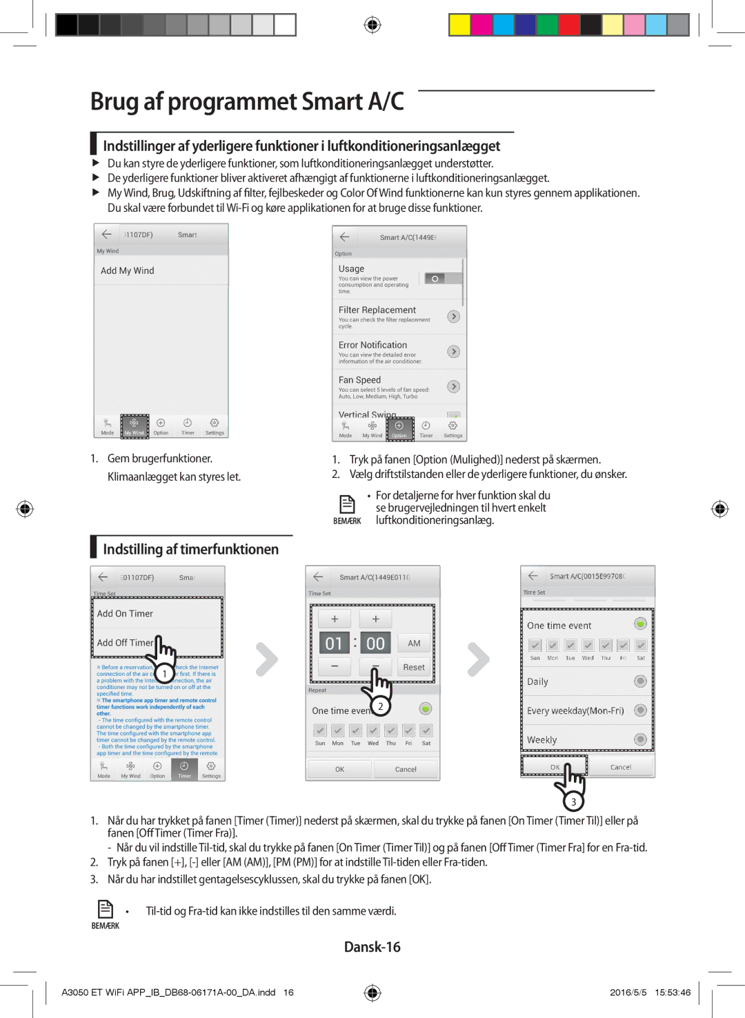 Samsung AR12HSSDPWKNEE, AR09HSSDPWKNEE manual Indstilling af timerfunktionen, Dansk-16 