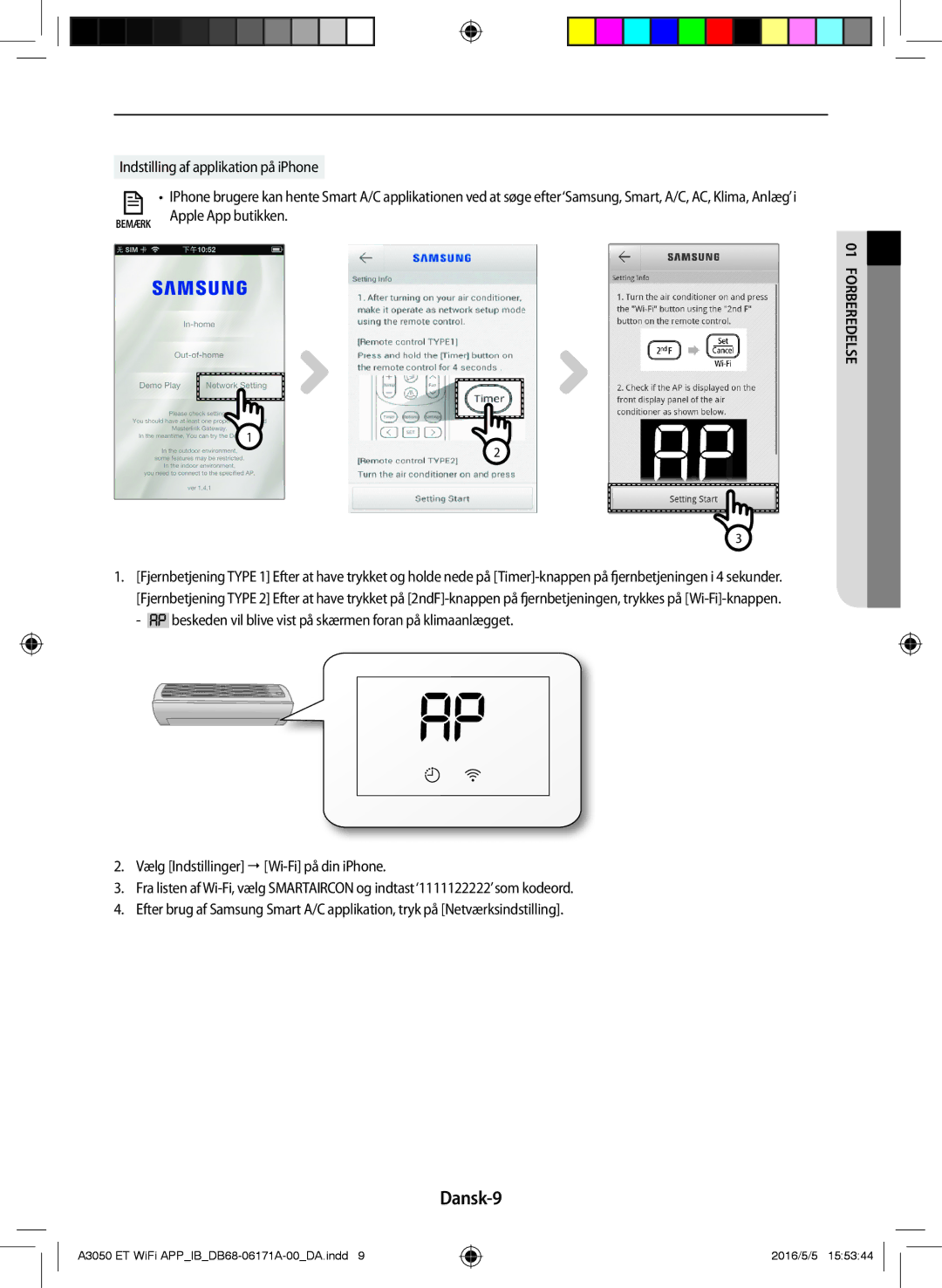 Samsung AR09HSSDPWKNEE, AR12HSSDPWKNEE manual Dansk-9, Indstilling af applikation på iPhone 