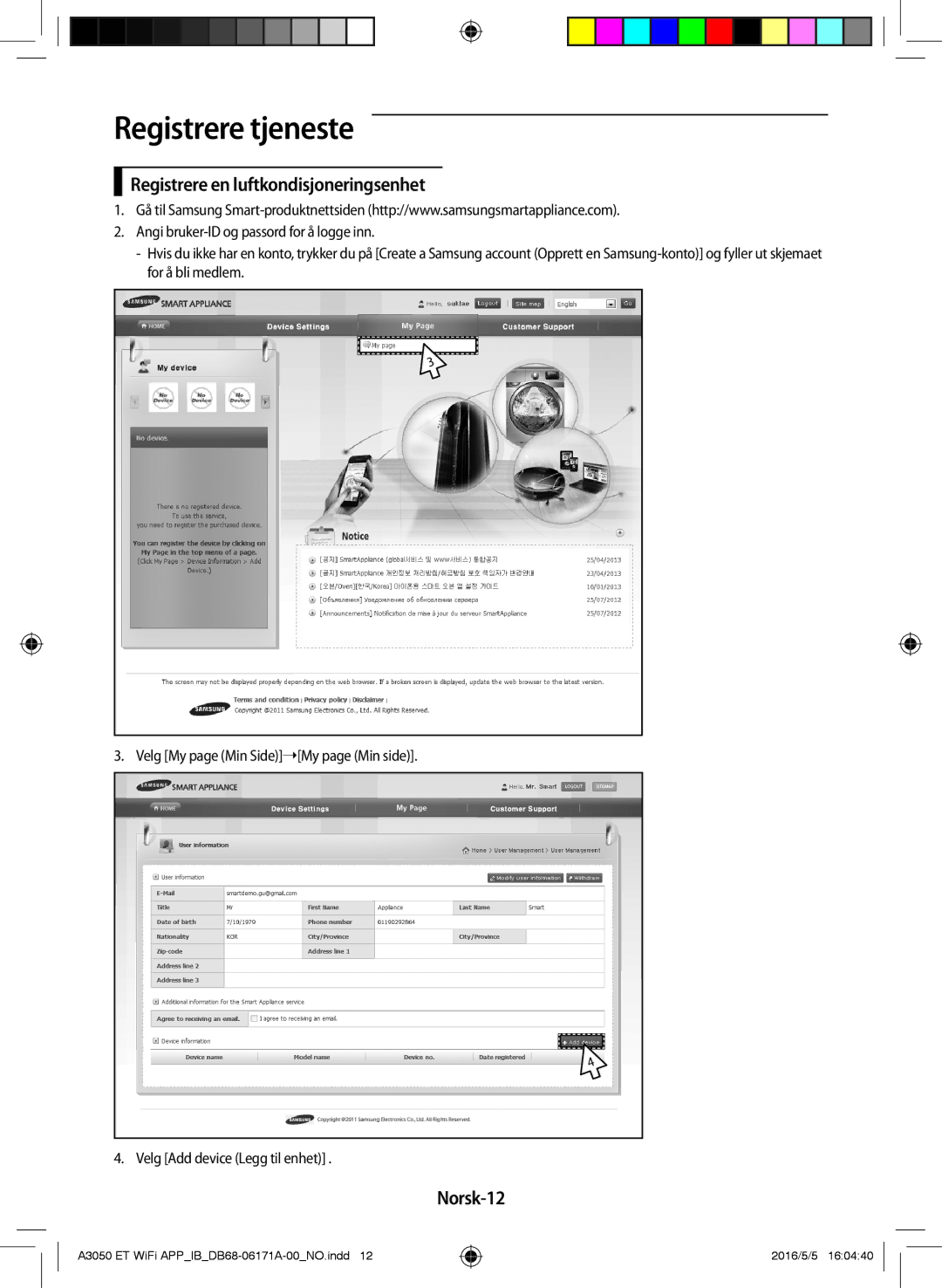 Samsung AR12HSSDPWKNEE, AR09HSSDPWKNEE manual Registrere tjeneste, Registrere en luftkondisjoneringsenhet, Norsk-12 