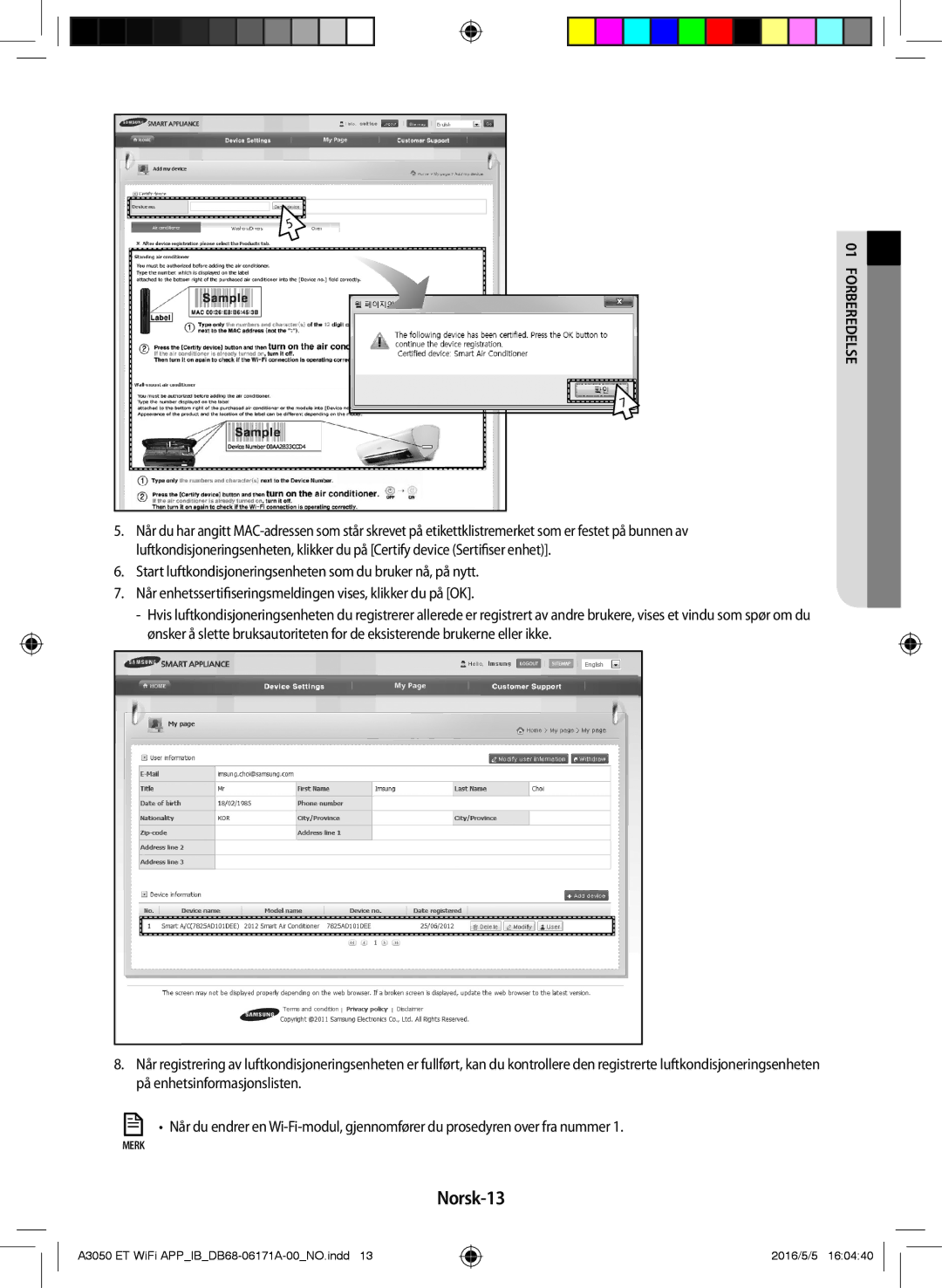 Samsung AR09HSSDPWKNEE, AR12HSSDPWKNEE manual Norsk-13 