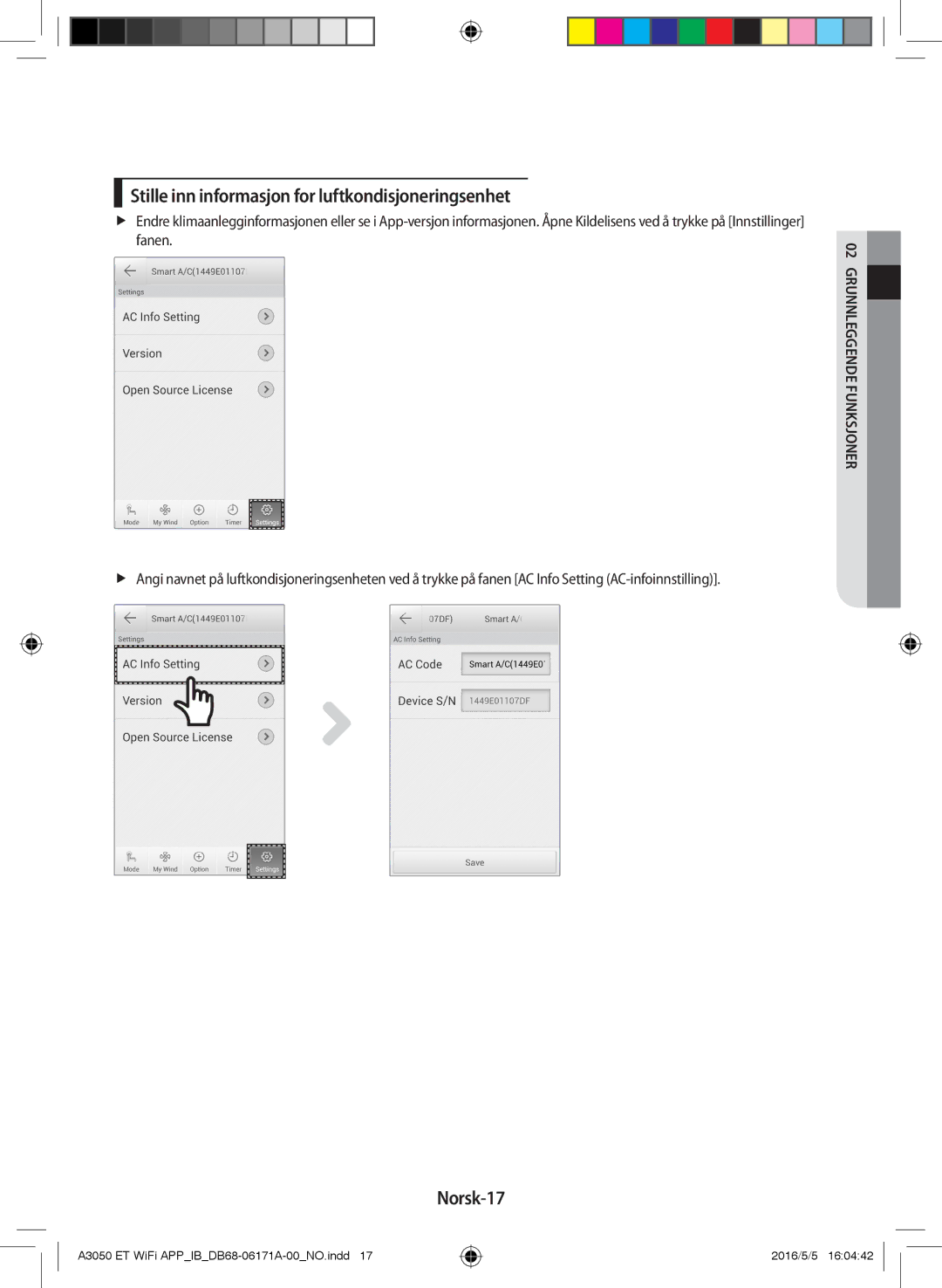 Samsung AR09HSSDPWKNEE, AR12HSSDPWKNEE manual Stille inn informasjon for luftkondisjoneringsenhet, Norsk-17, Fanen 