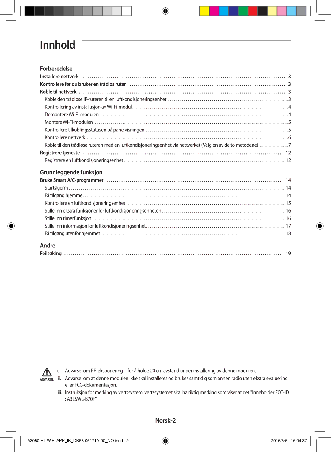 Samsung AR12HSSDPWKNEE, AR09HSSDPWKNEE manual Innhold, Norsk-2 