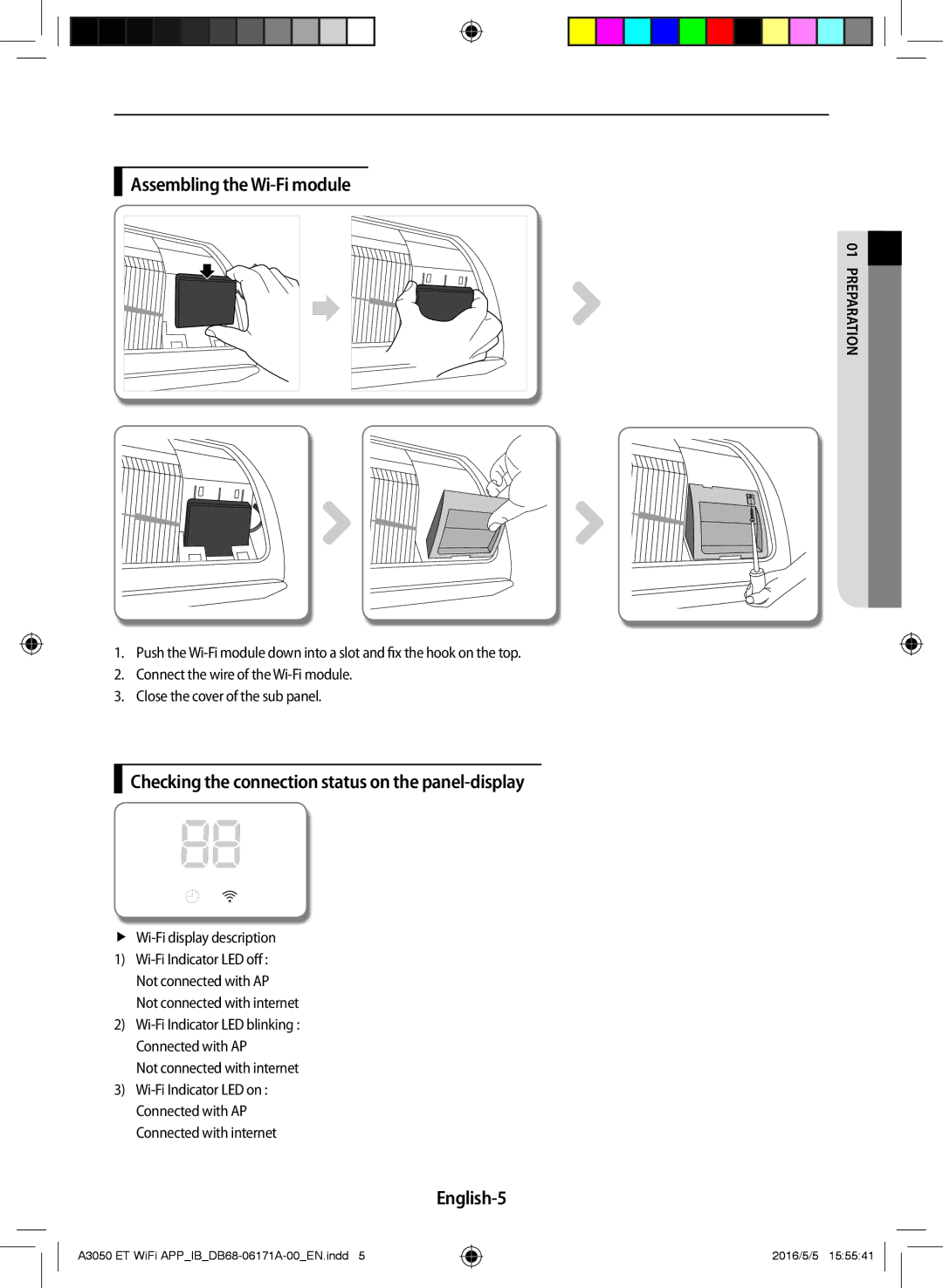 Samsung AR09HSSDPWKNEE manual Assembling the Wi-Fi module, Checking the connection status on the panel-display, English-5 