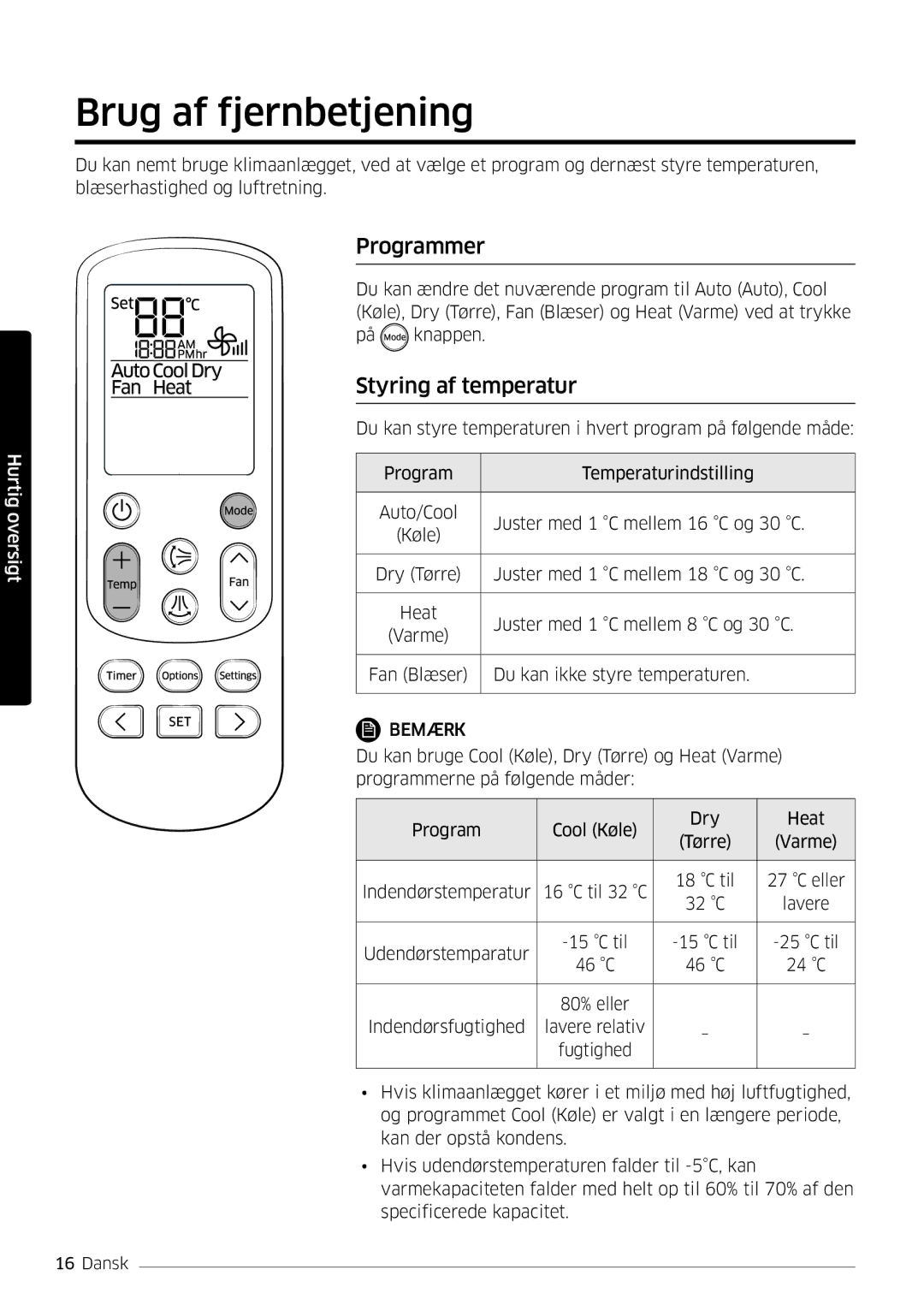 Samsung AR09HSSDPWKNEE, AR12HSSDPWKNEE manual Brug af fjernbetjening, Programmer, Styring af temperatur 