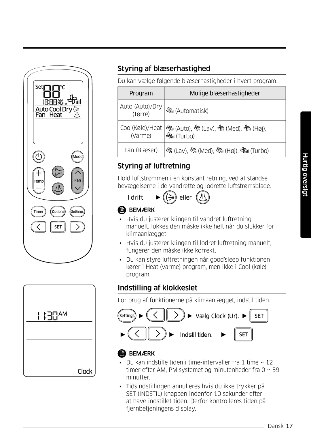 Samsung AR12HSSDPWKNEE, AR09HSSDPWKNEE manual Styring af blæserhastighed, Styring af luftretning, Indstilling af klokkeslet 