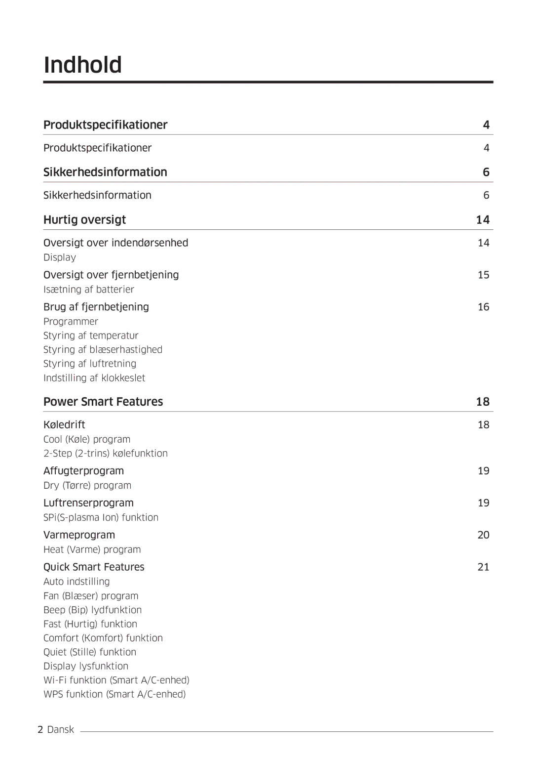 Samsung AR09HSSDPWKNEE, AR12HSSDPWKNEE manual Indhold, Hurtig oversigt 