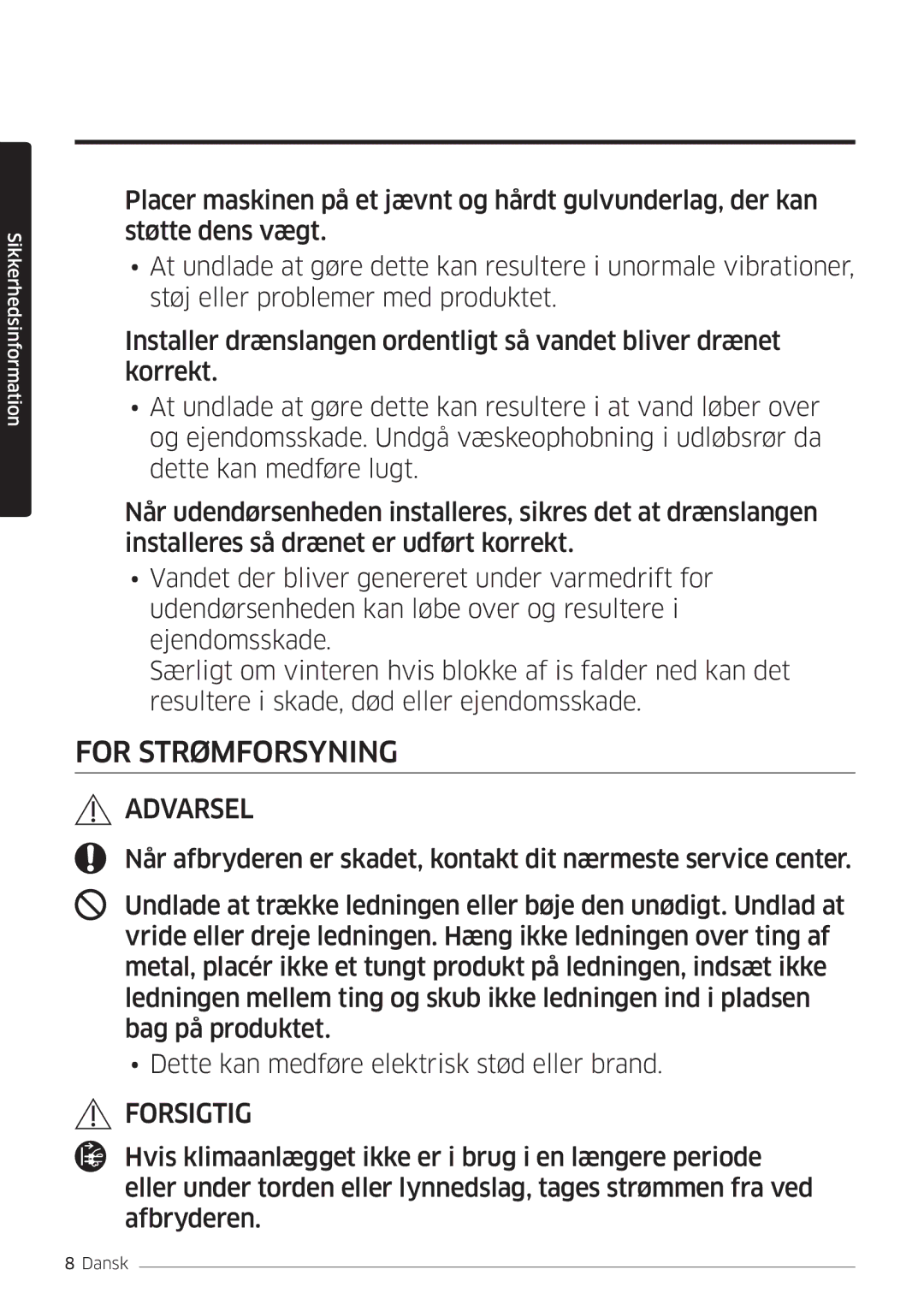 Samsung AR09HSSDPWKNEE, AR12HSSDPWKNEE manual For Strømforsyning 