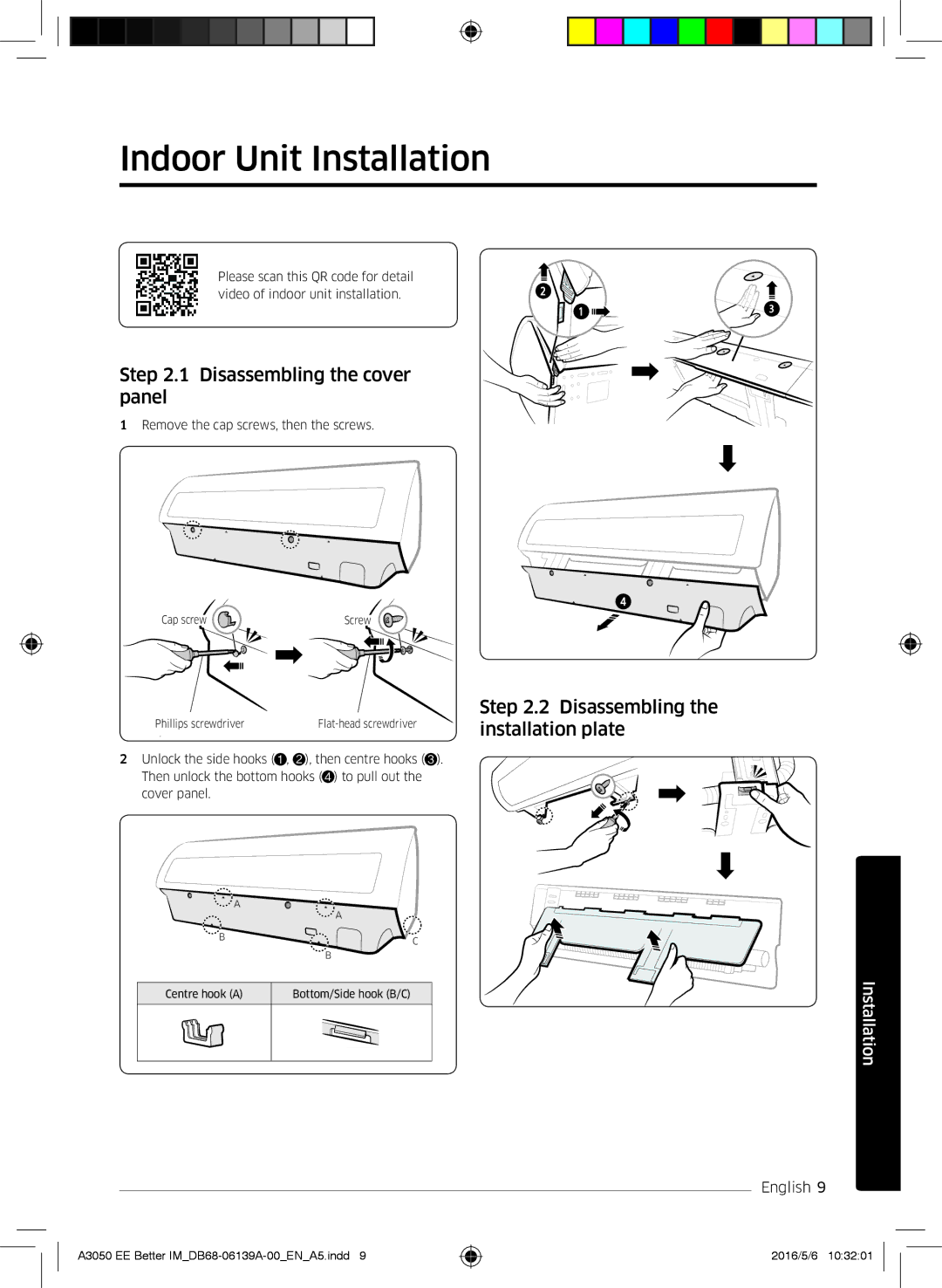 Samsung AR12HSSDPWKNEE, AR09HSSDPWKNEE manual Indoor Unit Installation, Disassembling the cover panel 