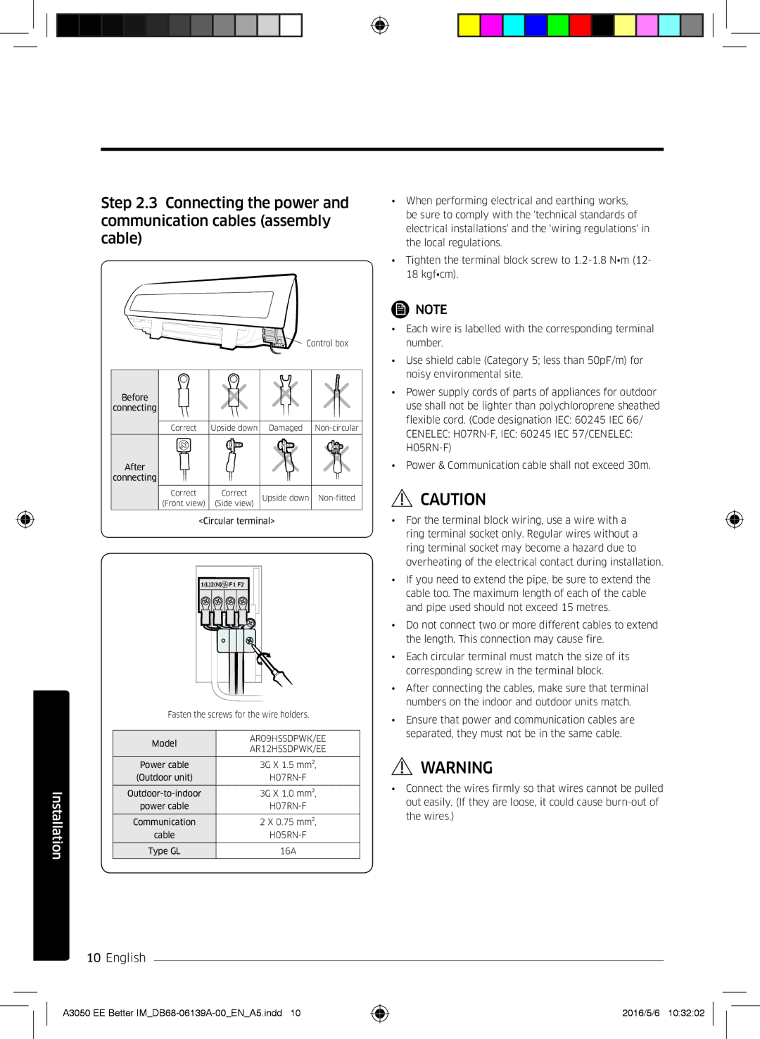 Samsung AR09HSSDPWKNEE, AR12HSSDPWKNEE manual Connecting the power and communication cables assembly cable 