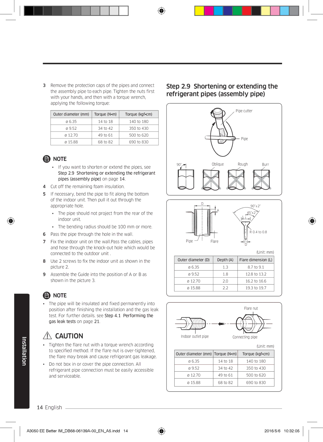 Samsung AR09HSSDPWKNEE, AR12HSSDPWKNEE manual Shortening or extending the refrigerant pipes assembly pipe 