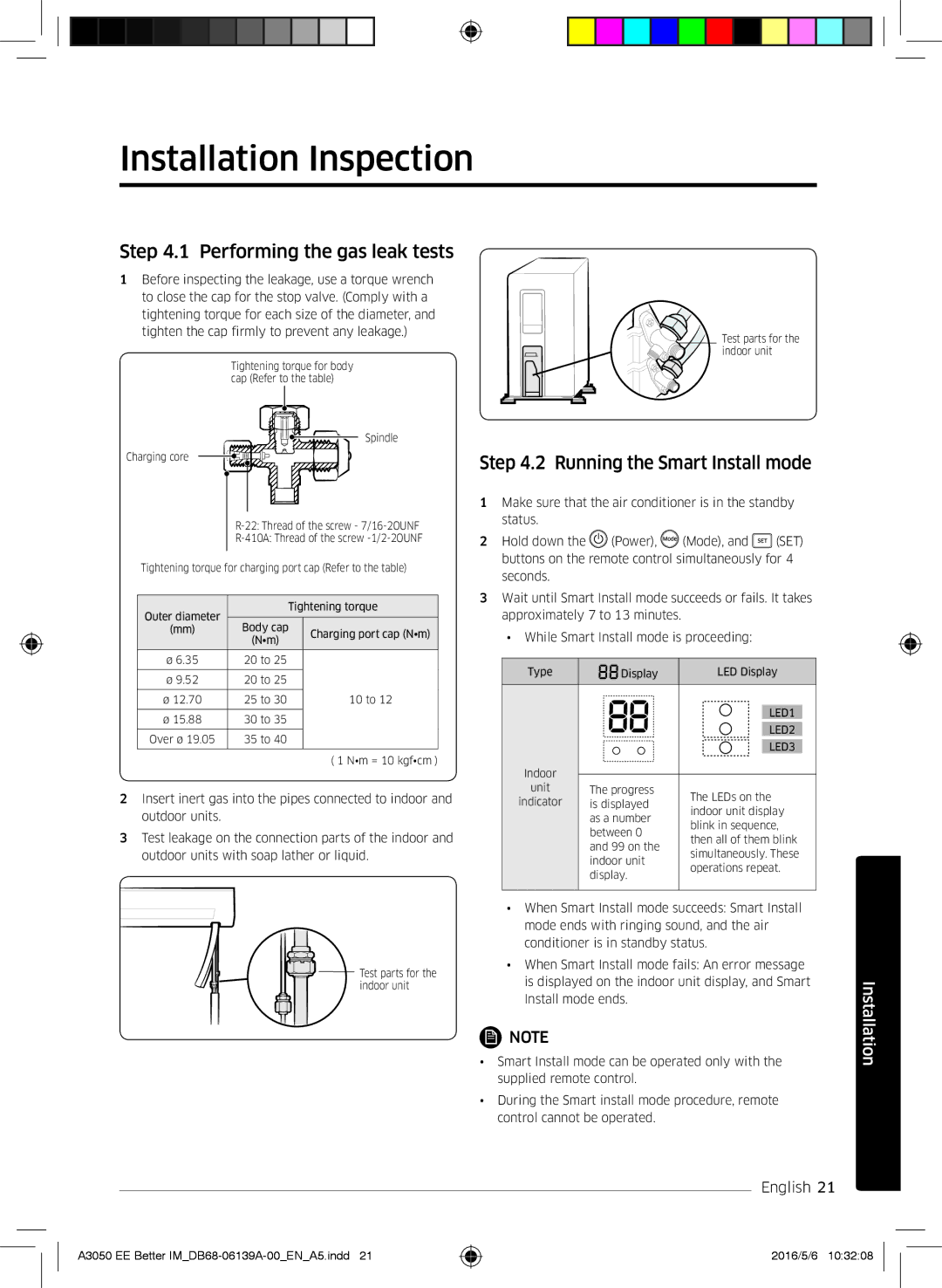 Samsung AR12HSSDPWKNEE manual Installation Inspection, Performing the gas leak tests, Running the Smart Install mode 