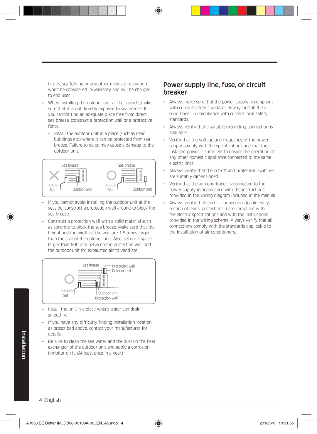 Samsung AR09HSSDPWKNEE, AR12HSSDPWKNEE manual Power supply line, fuse, or circuit breaker 