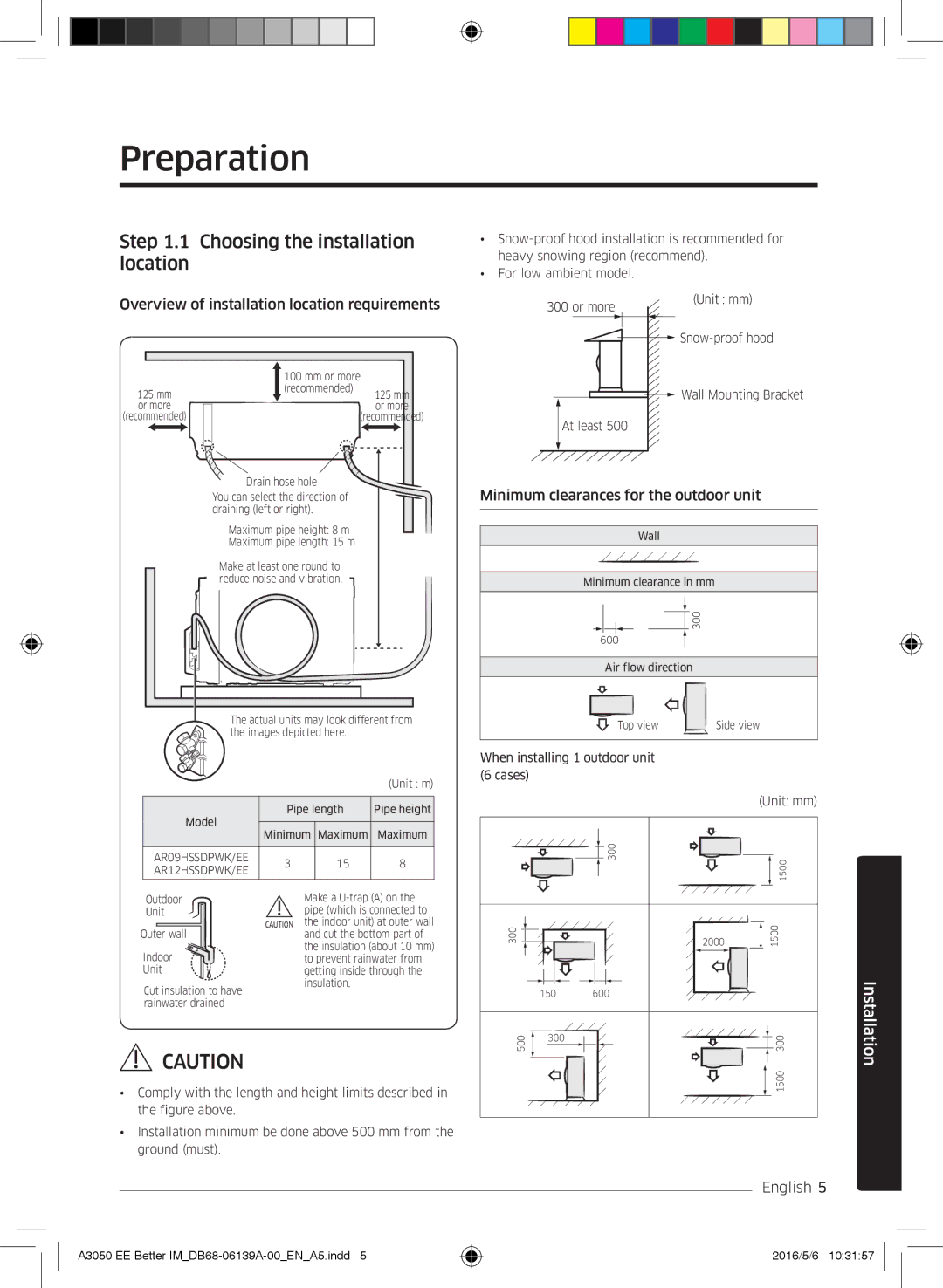 Samsung AR12HSSDPWKNEE Preparation, Choosing the installation location, Overview of installation location requirements 