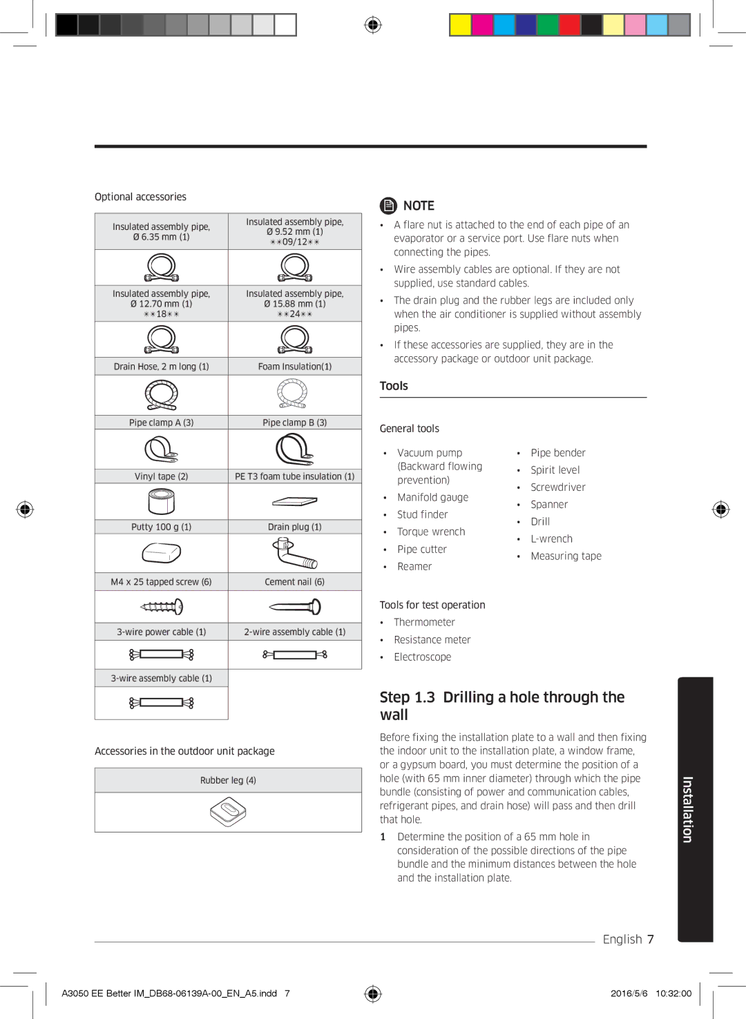 Samsung AR12HSSDPWKNEE, AR09HSSDPWKNEE manual Drilling a hole through the wall, Tools 