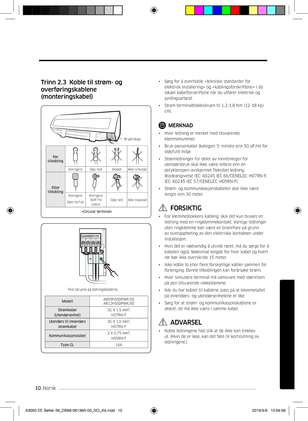 Samsung AR09HSSDPWKNEE, AR12HSSDPWKNEE manual Bryterskap Før Tilkobling Korrigere 