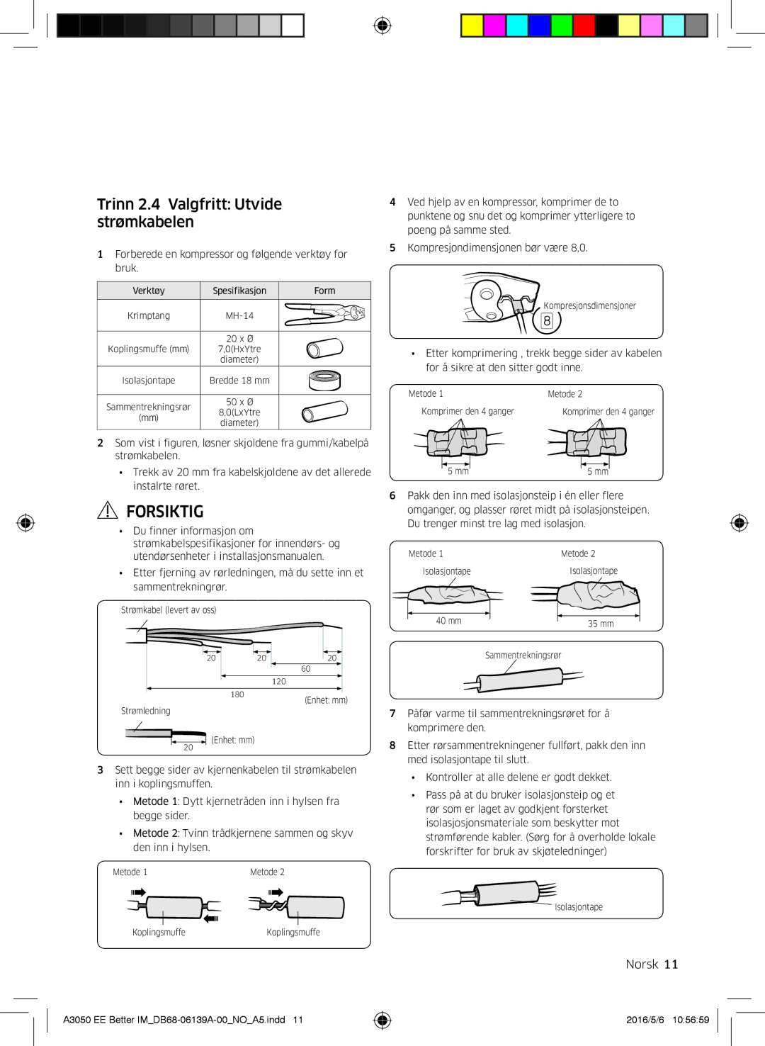 Samsung AR12HSSDPWKNEE, AR09HSSDPWKNEE manual Trinn 2.4 Valgfritt Utvide strømkabelen 