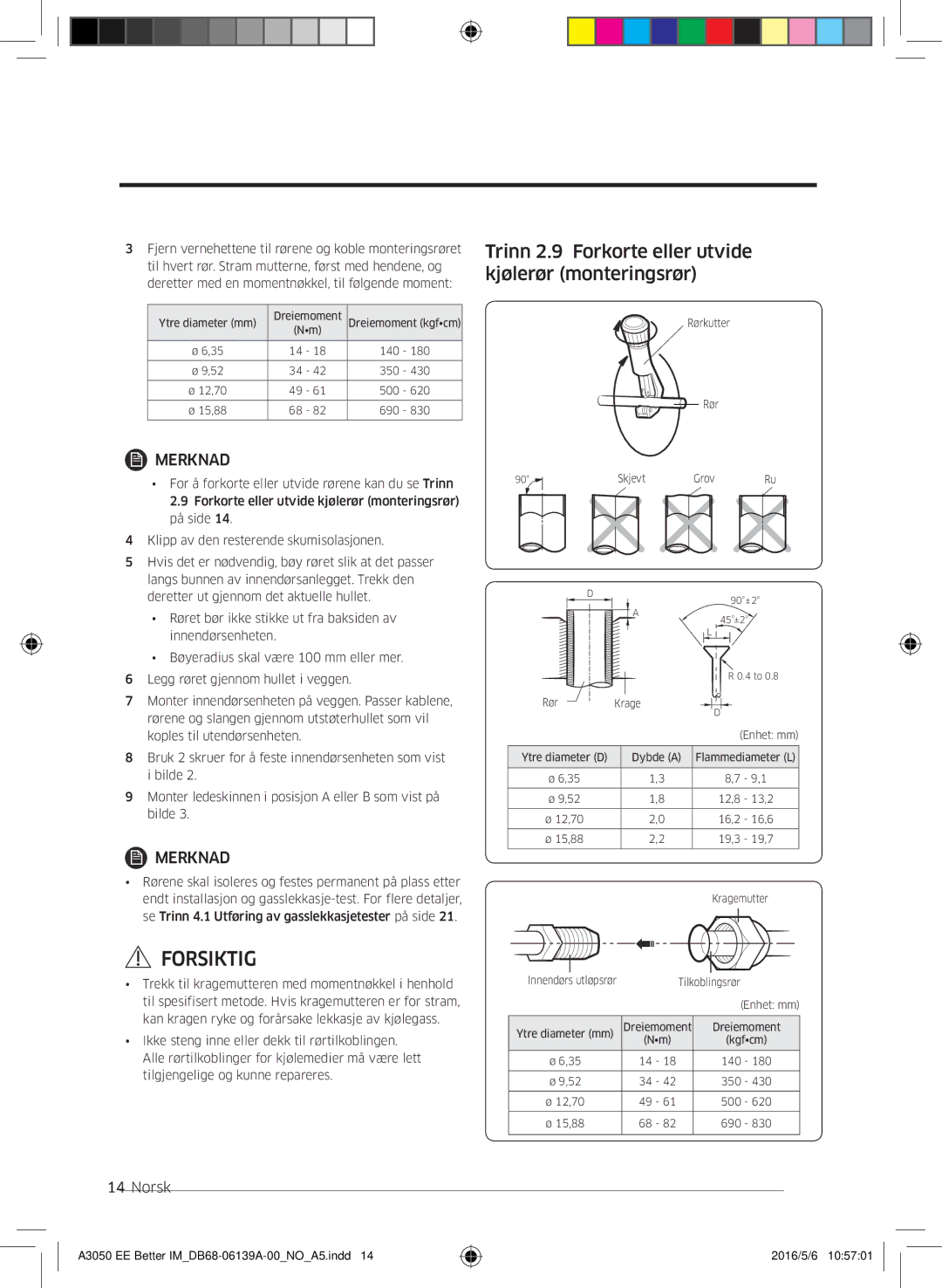 Samsung AR09HSSDPWKNEE, AR12HSSDPWKNEE manual Trinn 2.9 Forkorte eller utvide kjølerør monteringsrør 