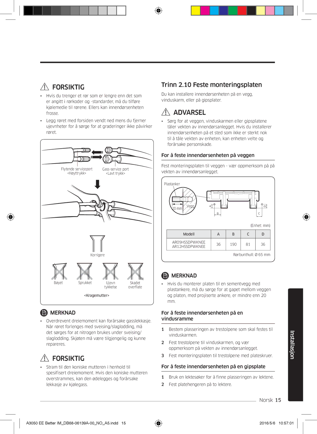 Samsung AR12HSSDPWKNEE, AR09HSSDPWKNEE manual Trinn 2.10 Feste monteringsplaten, For å feste innendørsenheten på veggen 