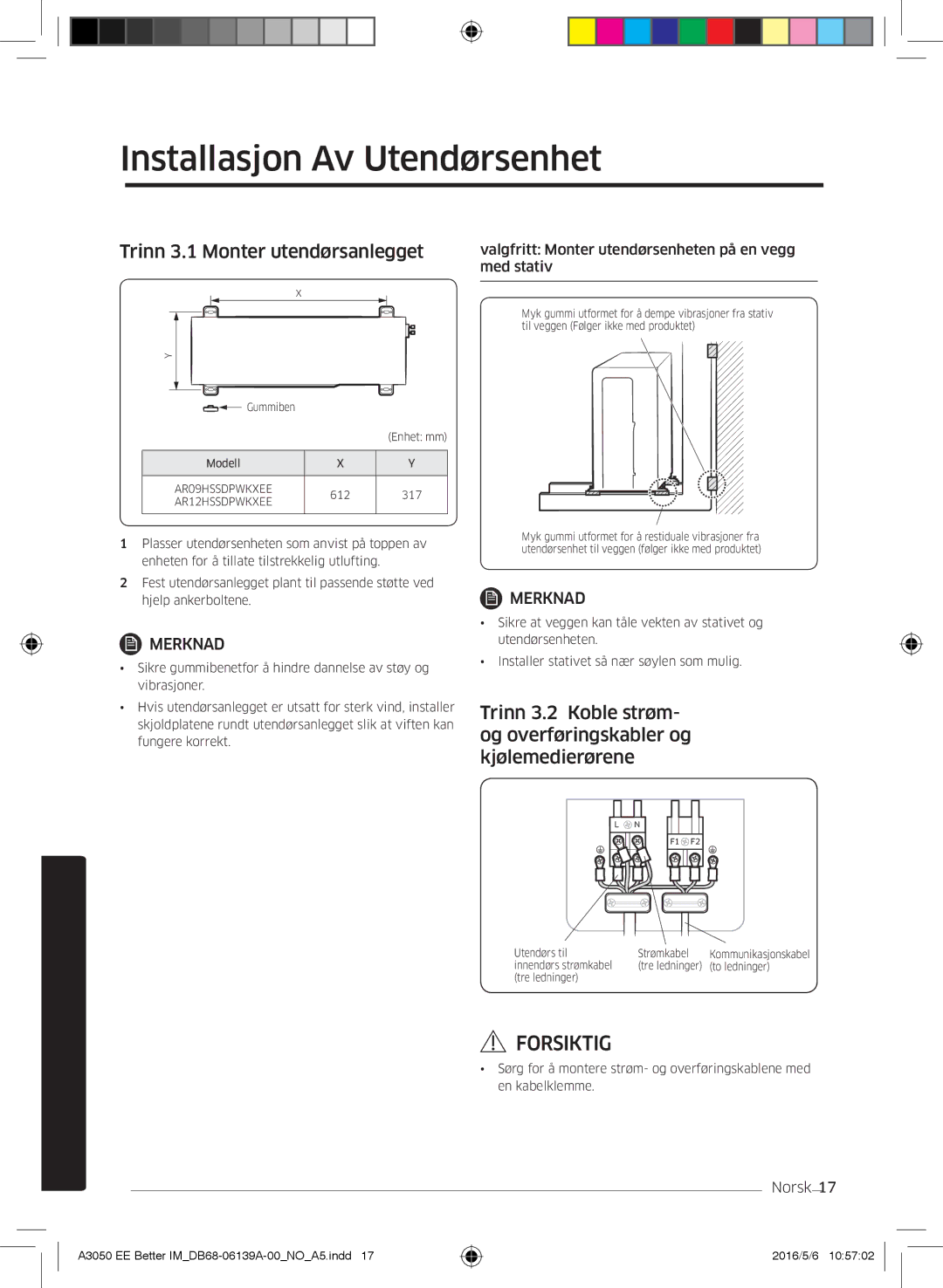 Samsung AR12HSSDPWKNEE, AR09HSSDPWKNEE manual Installasjon Av Utendørsenhet, Trinn 3.1 Monter utendørsanlegget 