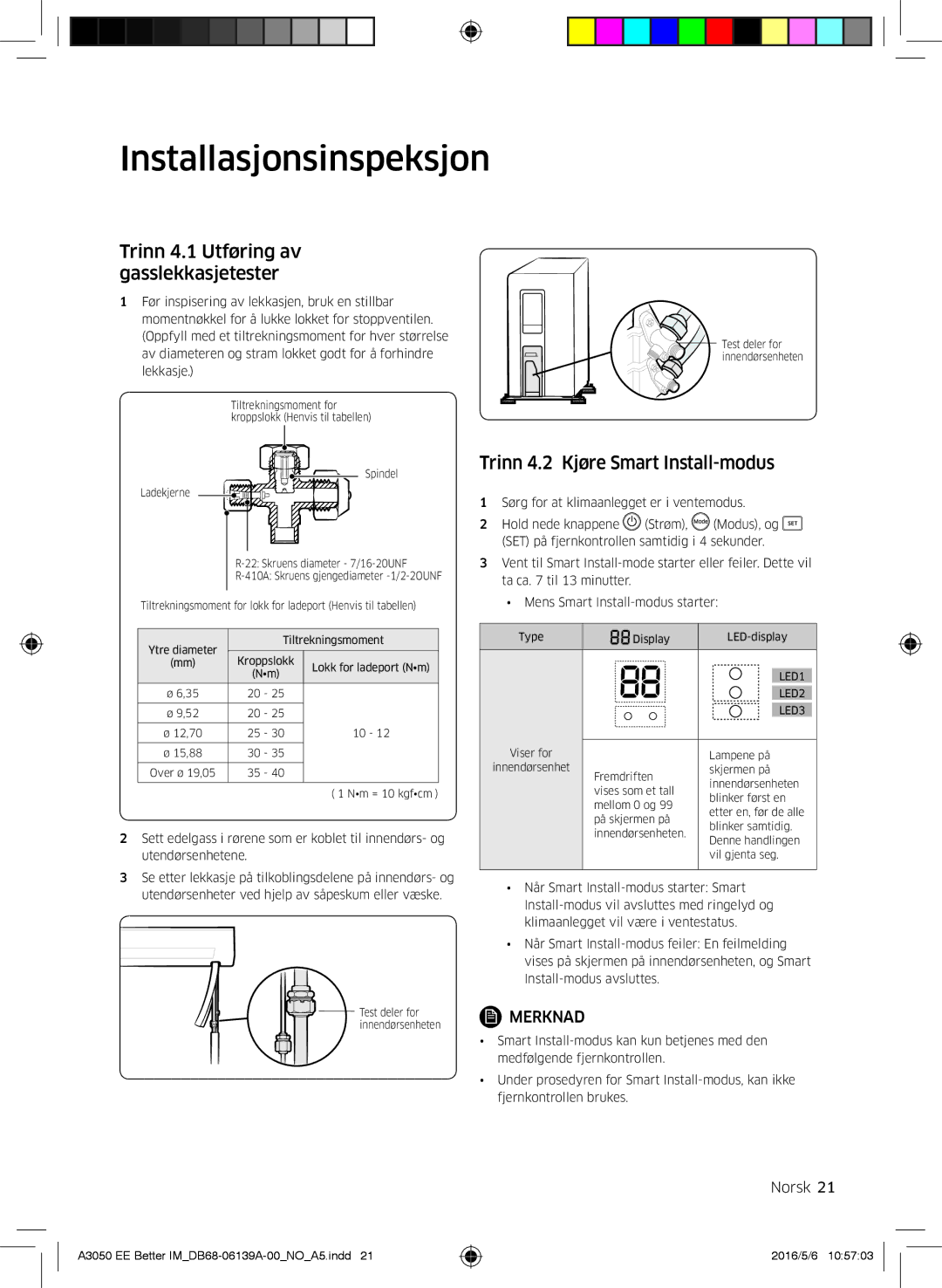 Samsung AR12HSSDPWKNEE, AR09HSSDPWKNEE manual Installasjonsinspeksjon, Trinn 4.1 Utføring av gasslekkasjetester 