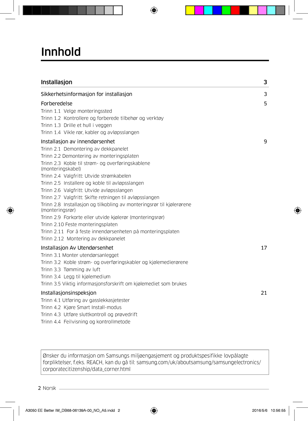 Samsung AR09HSSDPWKNEE, AR12HSSDPWKNEE manual Innhold, Installasjon 