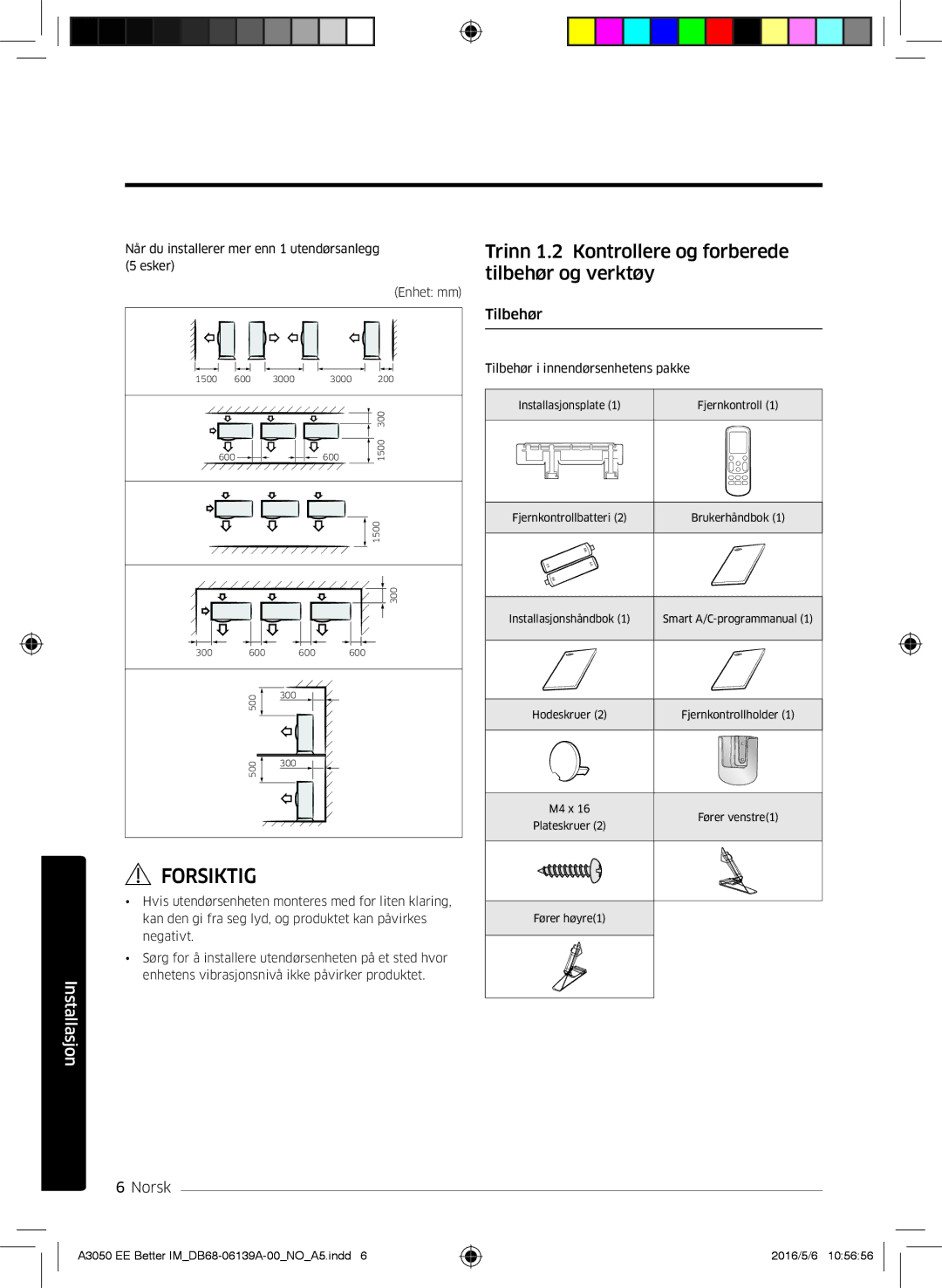 Samsung AR09HSSDPWKNEE, AR12HSSDPWKNEE manual Trinn 1.2 Kontrollere og forberede tilbehør og verktøy, Tilbehør 