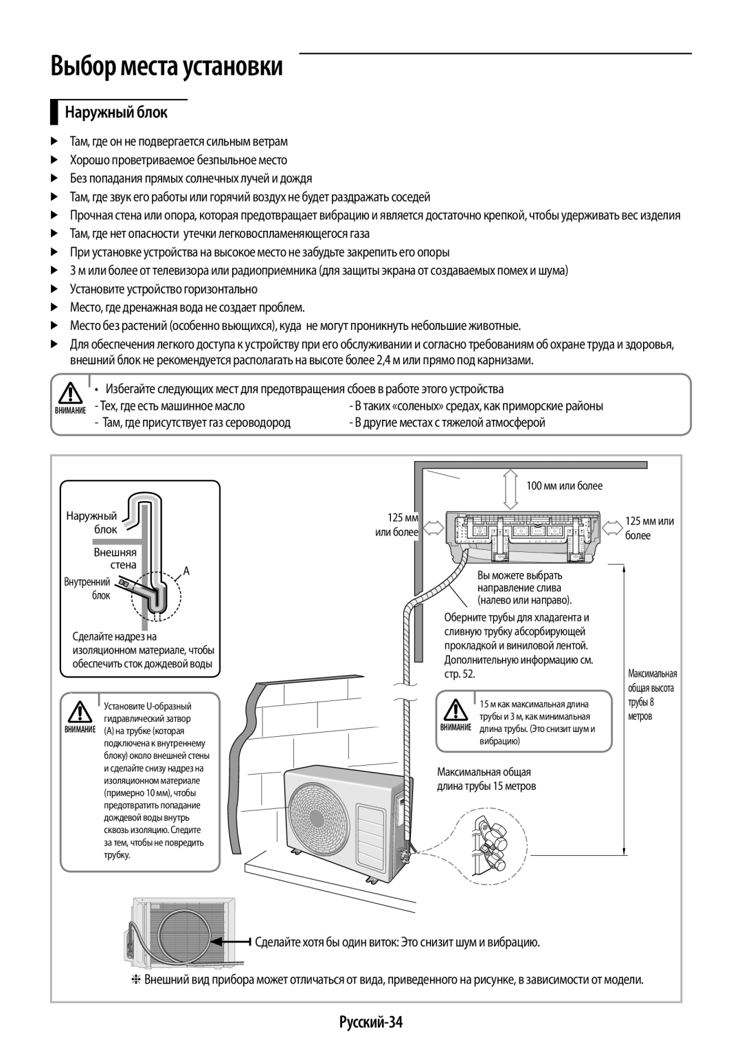 Samsung AR12HSSDRWKNER, AR09HSSDRWKNER manual Наружный блок, Русский-34, Внимание Тех, где есть машинное масло 