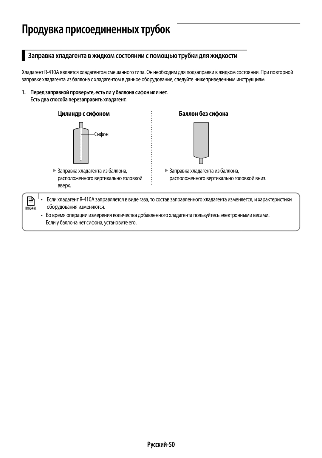 Samsung AR12HSSDRWKNER, AR09HSSDRWKNER manual Продувка присоединенных трубок, Русский-50, Цилиндр с сифоном 