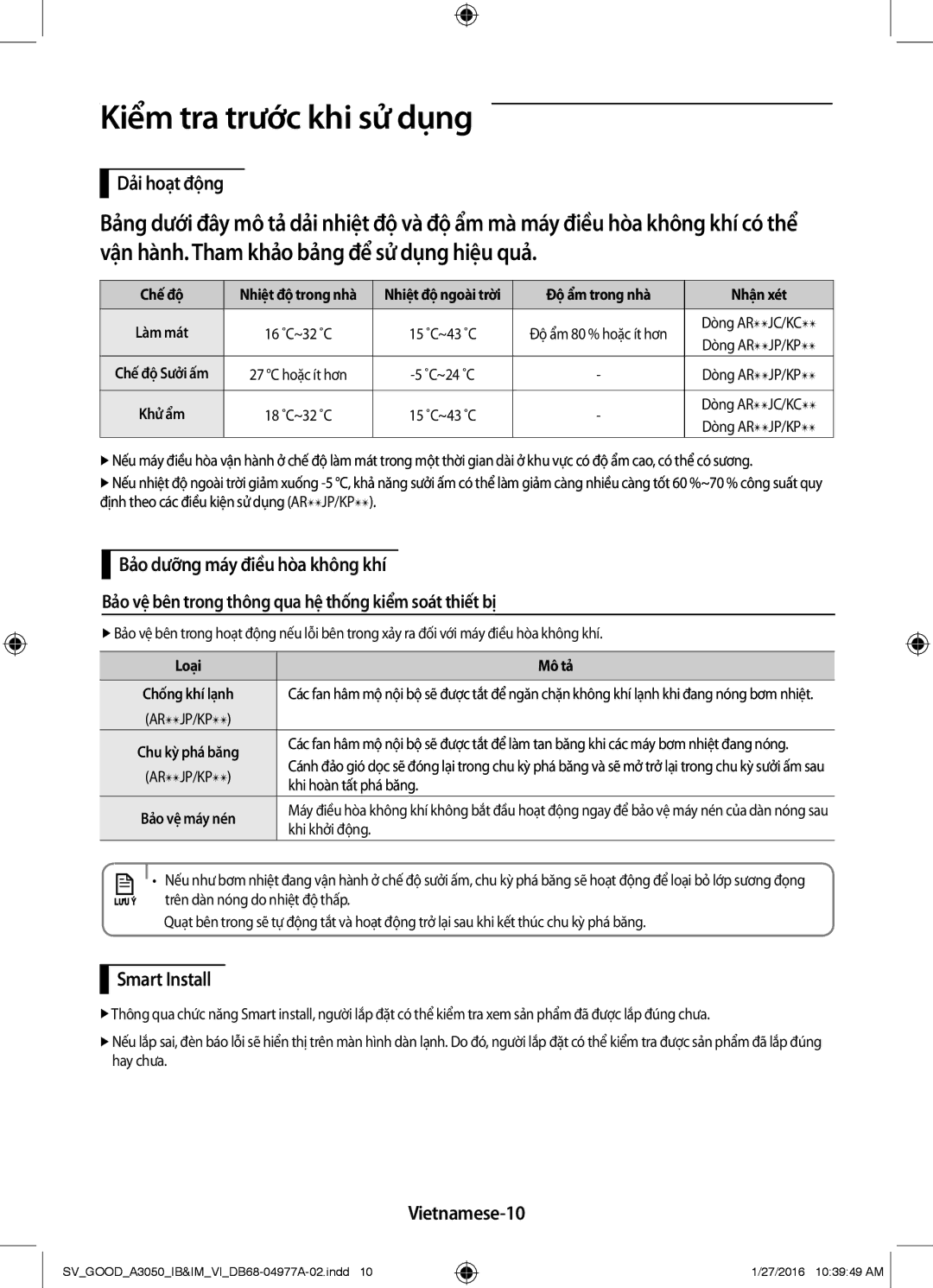 Samsung AR24KPSNSWKNSV, AR12JPFNSWKXSV, AR24JPFNSWKXSV manual Kiểm tra trước khi sử dụng, Dải hoạt động, Vietnamese-10 