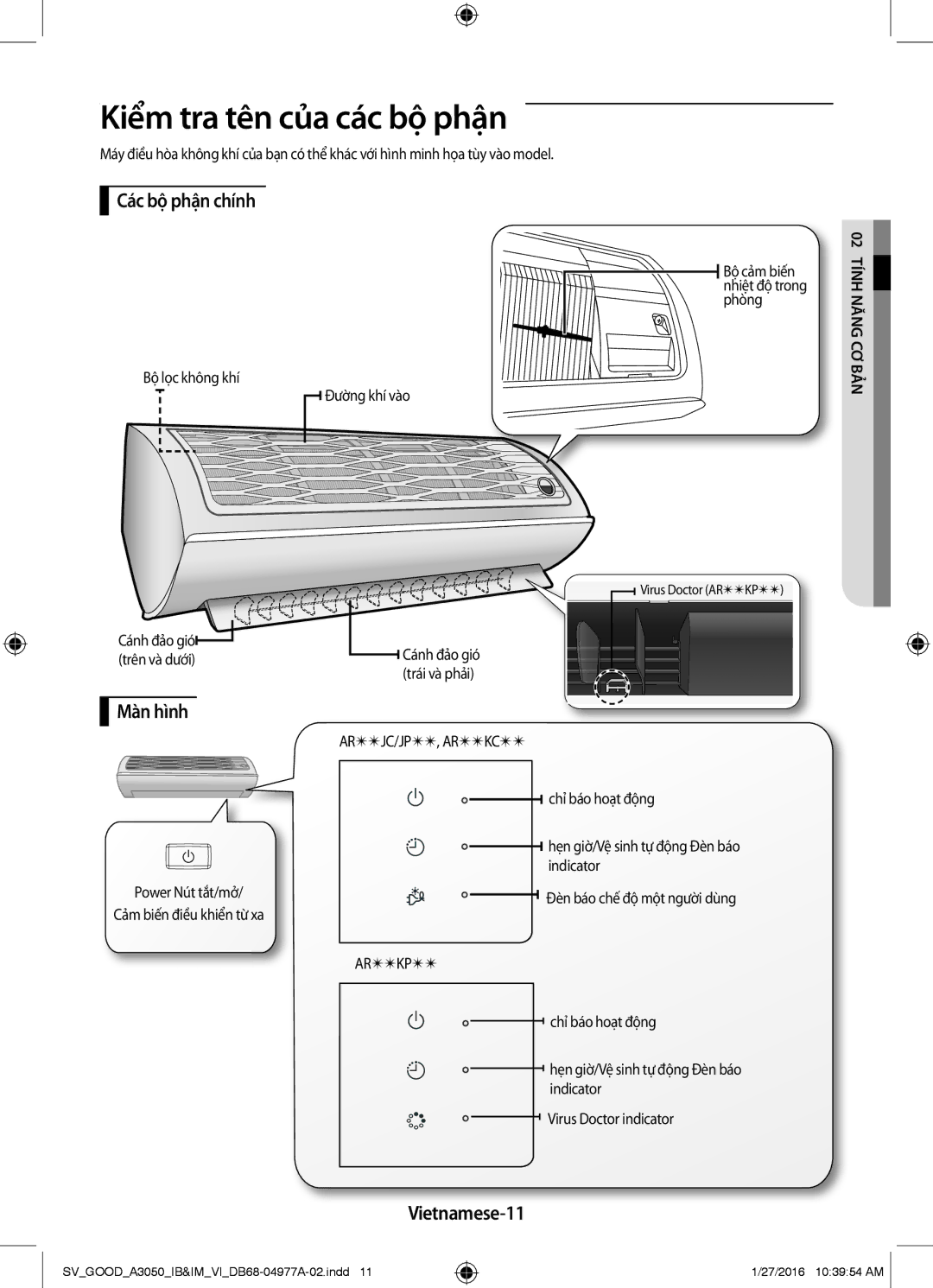 Samsung AR18JCFSSURNSV, AR12JPFNSWKXSV, AR24JPFNSWKXSV manual Kiểm tra tên của các bộ phận, Các bộ phận chính, Màn hình 