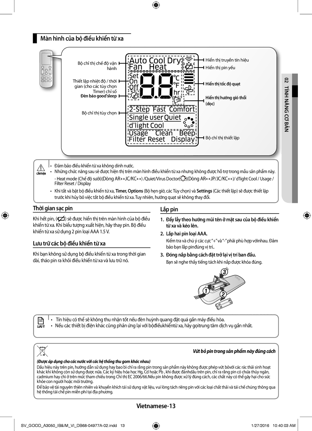 Samsung AR09JCFSSURXSV manual Màn hình của bộ điều khiển từ xa, Thời gian sạc pin, Lưu trữ các bộ điều khiển từ xa, Lắp pin 