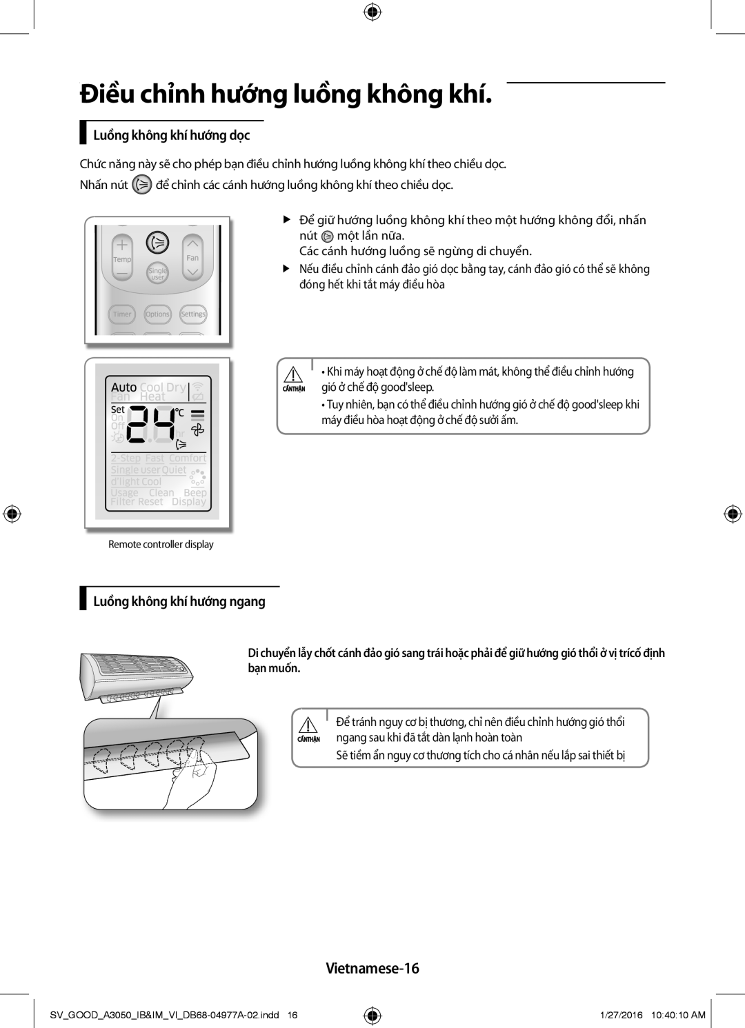 Samsung AR24KCFSSURNSV, AR12JPFNSWKXSV, AR24JPFNSWKXSV, AR09JPFNSWKXSV manual Điều chỉnh hướng luồng không khí, Vietnamese-16 