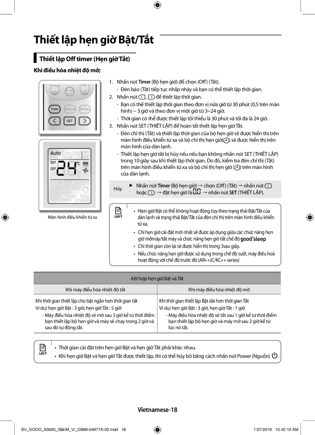 Samsung AR18JCFSSURXSV, AR12JPFNSWKXSV, AR24JPFNSWKXSV, AR09JPFNSWKXSV manual Thiết lập Off timer Hẹn giờ Tắt, Vietnamese-18 